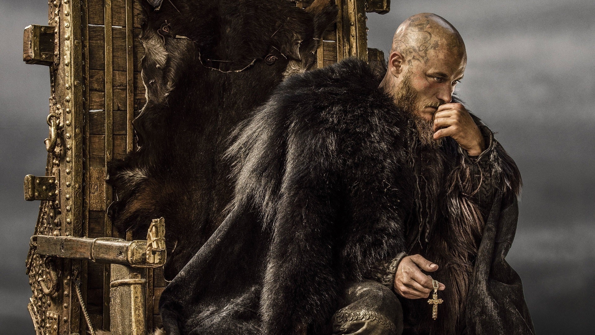 Ragnar Lothbrok, Athelstan's cross necklace, fur draped wooden throne, Full HD Desktop wallpaper