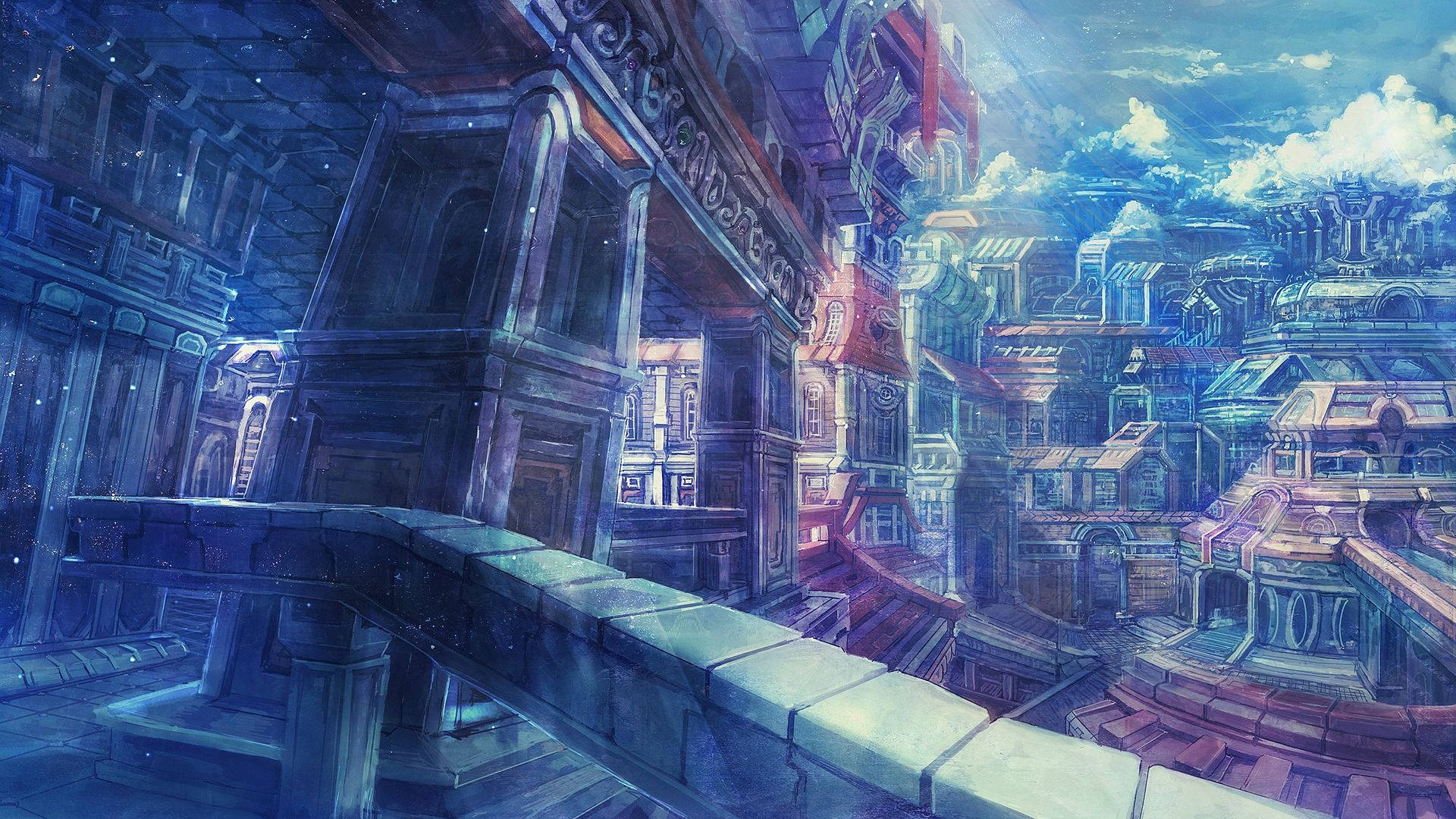 intricate fantasy metropolis, arched stone walkway, sunlit anime cloudscape, Full HD Desktop wallpaper