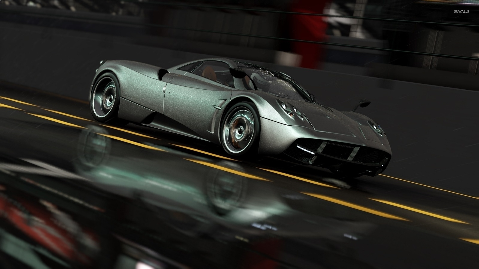 Silver Pagani Huayra, Wet asphalt road reflection, Yellow lane markings, Full HD Desktop wallpaper