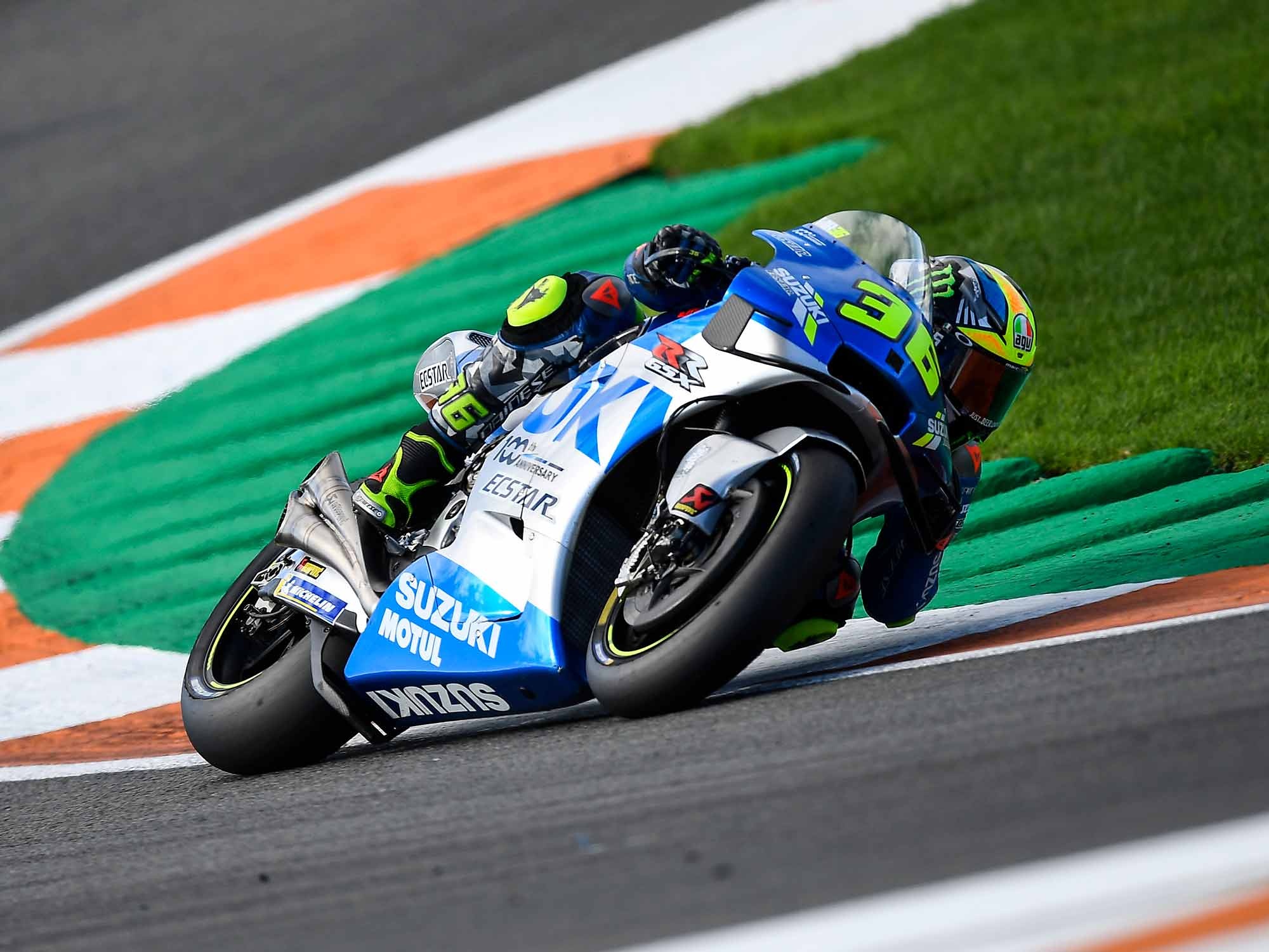 Joan Mir number 36, Suzuki Ecstar anniversary livery, MotoGP apex over kerb, HD Desktop wallpaper