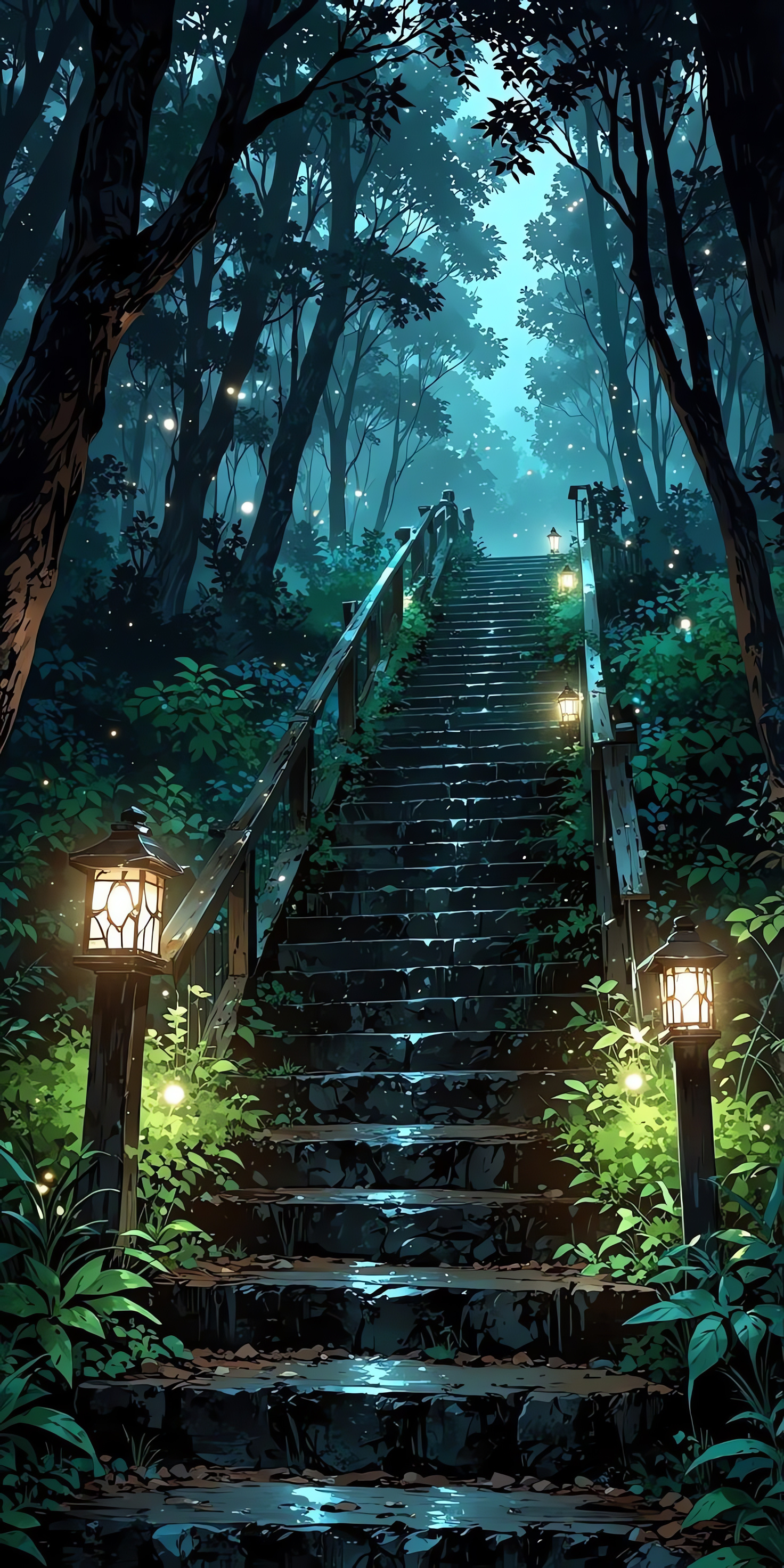 Forest Stairs, Mystique Wallpaper, Wooden Lanterns, AI, Mobile