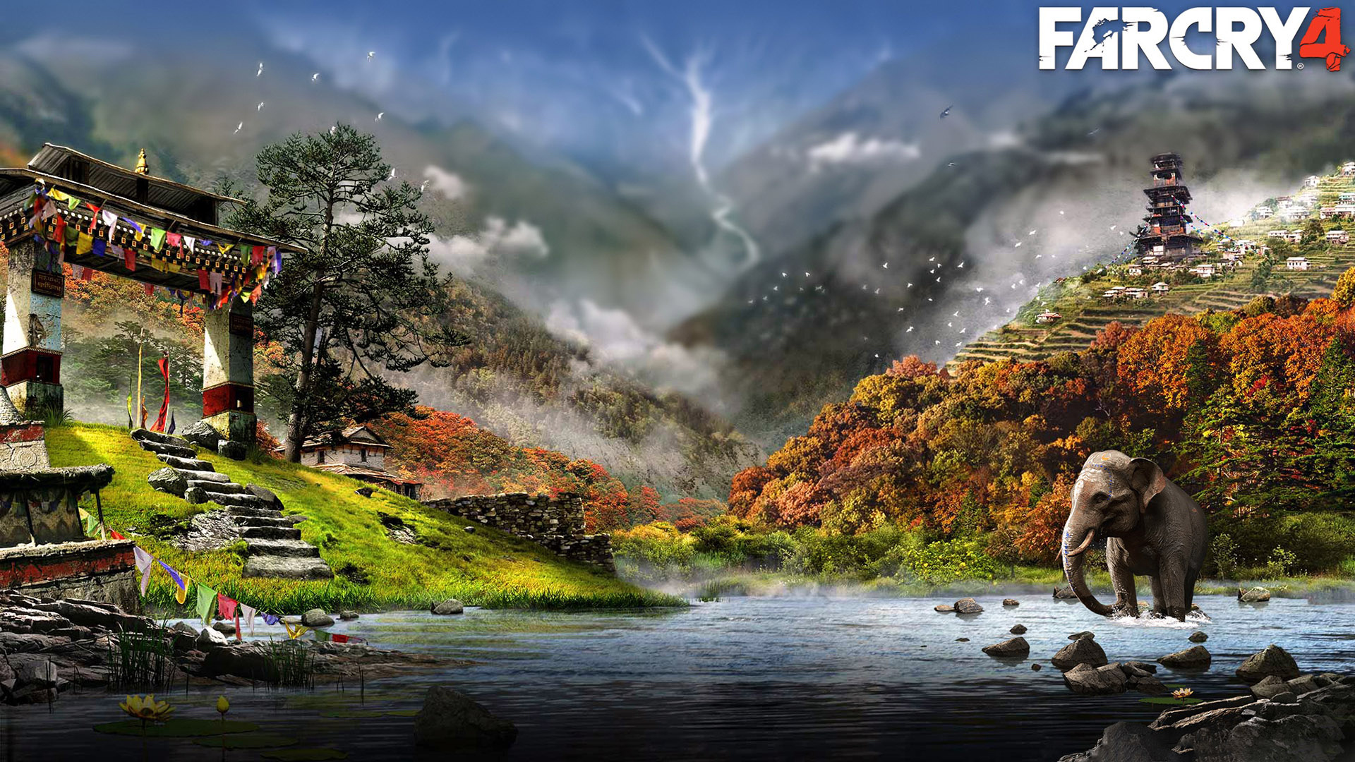 Far Cry 4 logo, Kyrat mountain landscape, Asian elephant in river, Buddhist prayer flags shrine, Full HD Desktop wallpaper