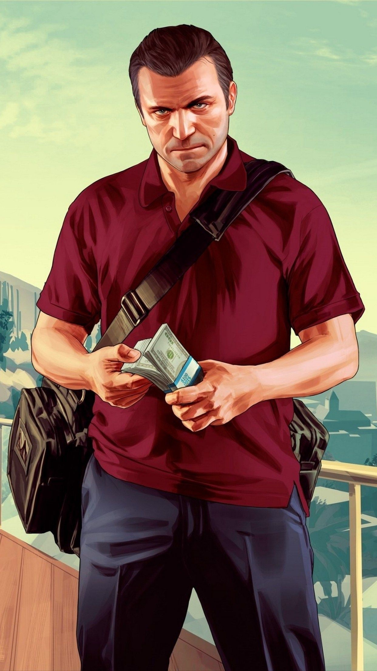 Michael De Santa in red polo, Hundred dollar bill stacks, Black duffel bags, Grand Theft Auto V artwork, HD Phone wallpaper