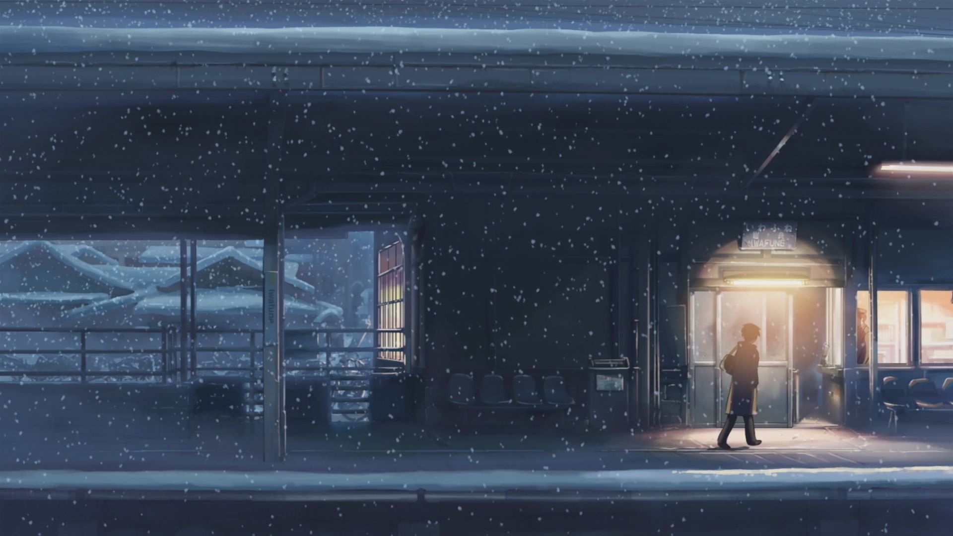 Takaki Tono, Iwafune Station platform, Falling snow winter night, Full HD Desktop wallpaper