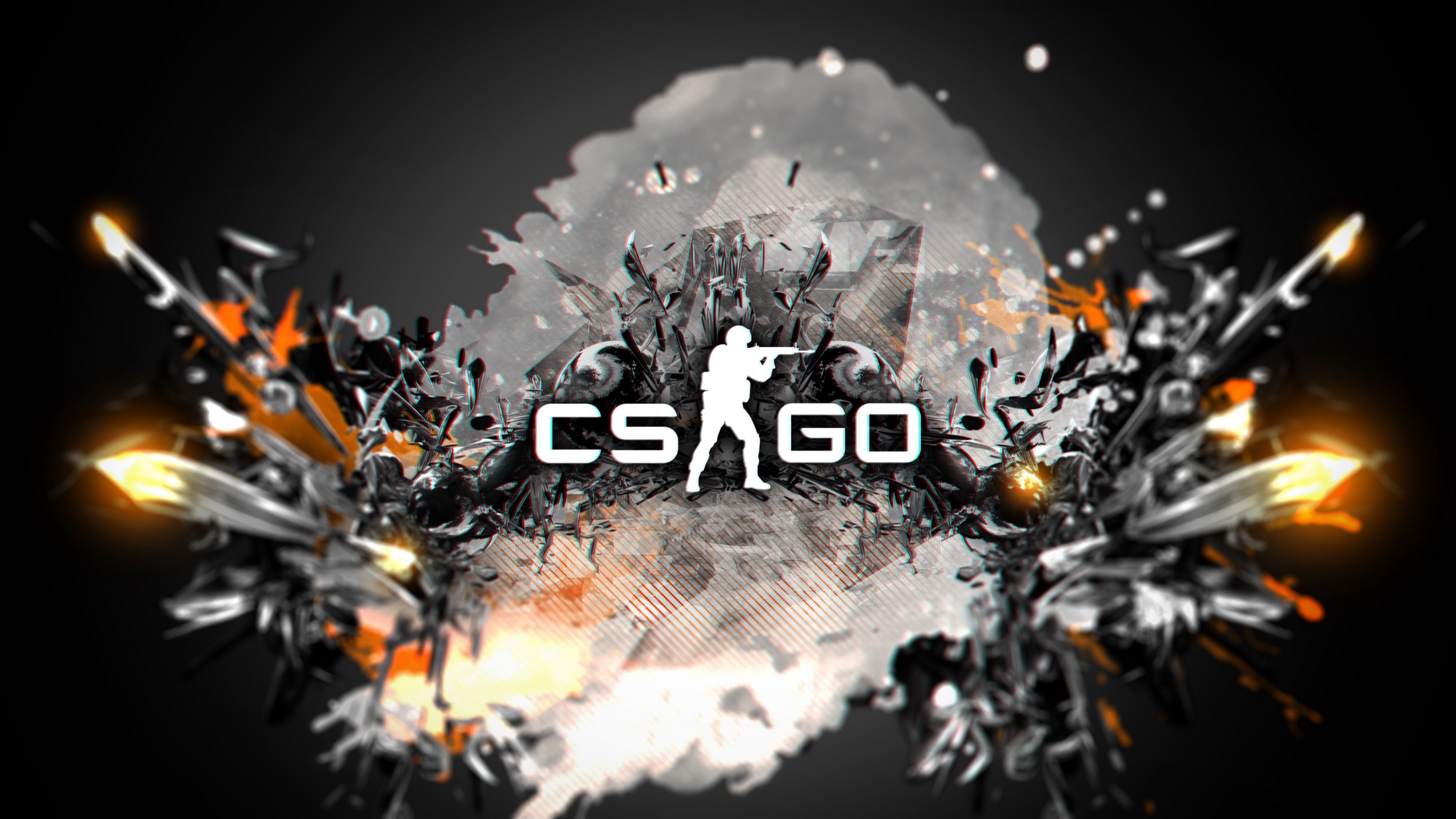 CS GO text, Counter-Strike soldier silhouette, abstract geometric splatter explosion, 4K Desktop wallpaper