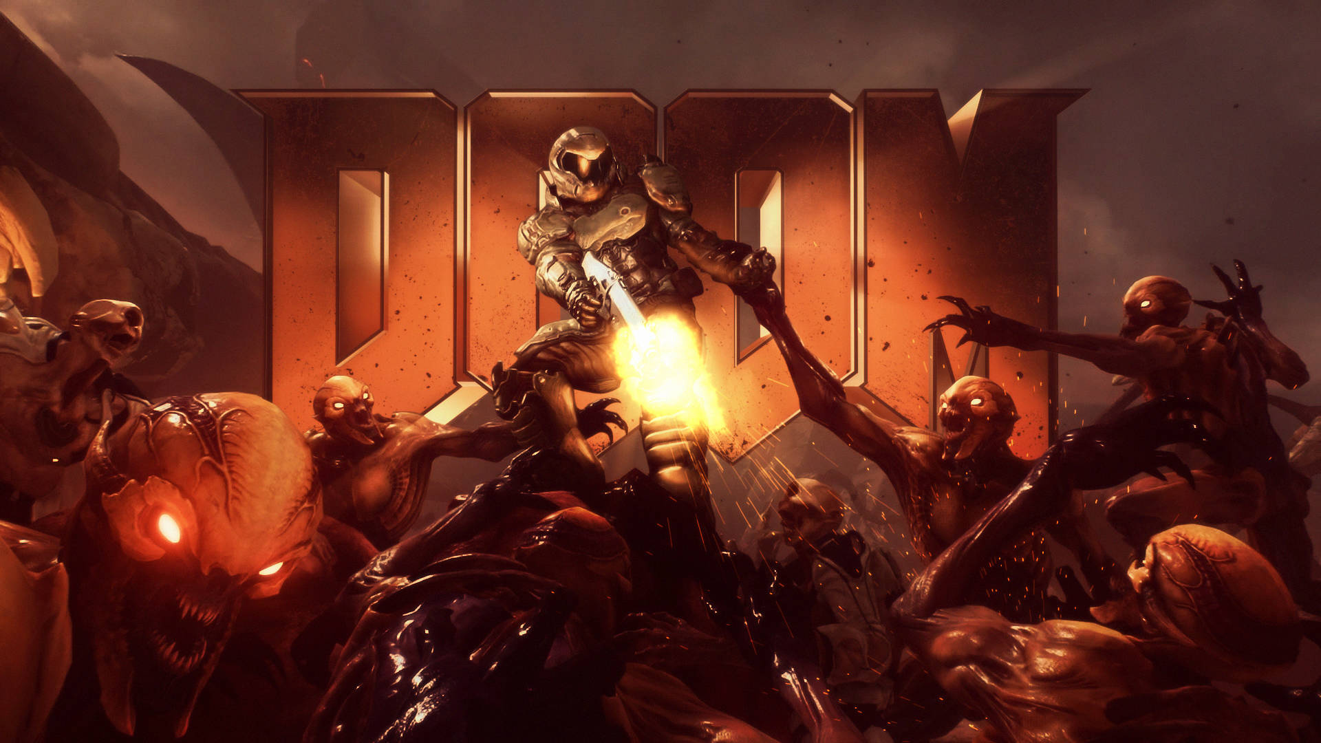 Doom Slayer, DOOM logo, horde of Imps, Full HD Desktop wallpaper