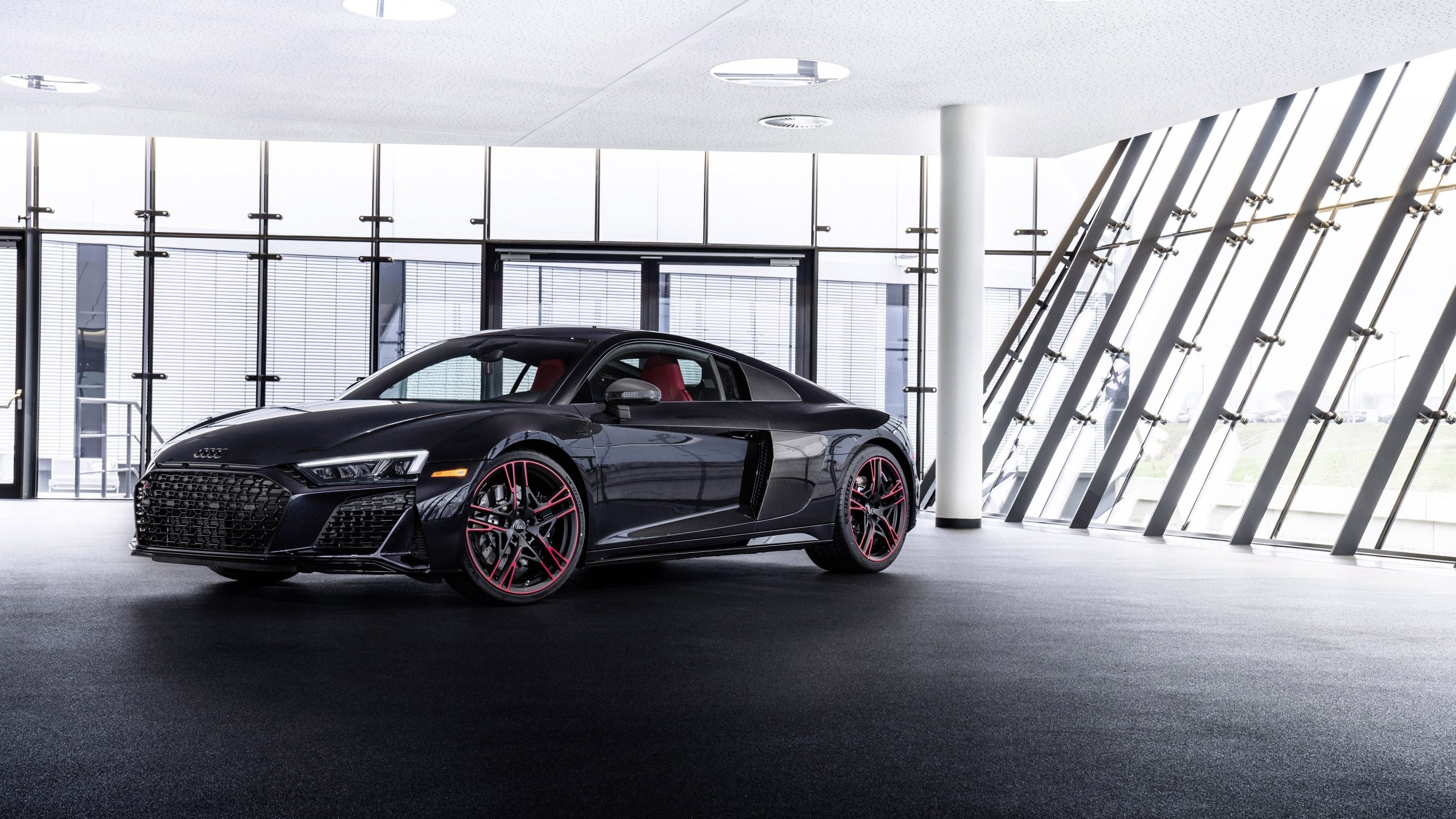 Audi R8 Panther Edition, modern glass showroom, red accent alloy wheels, HD Desktop wallpaper