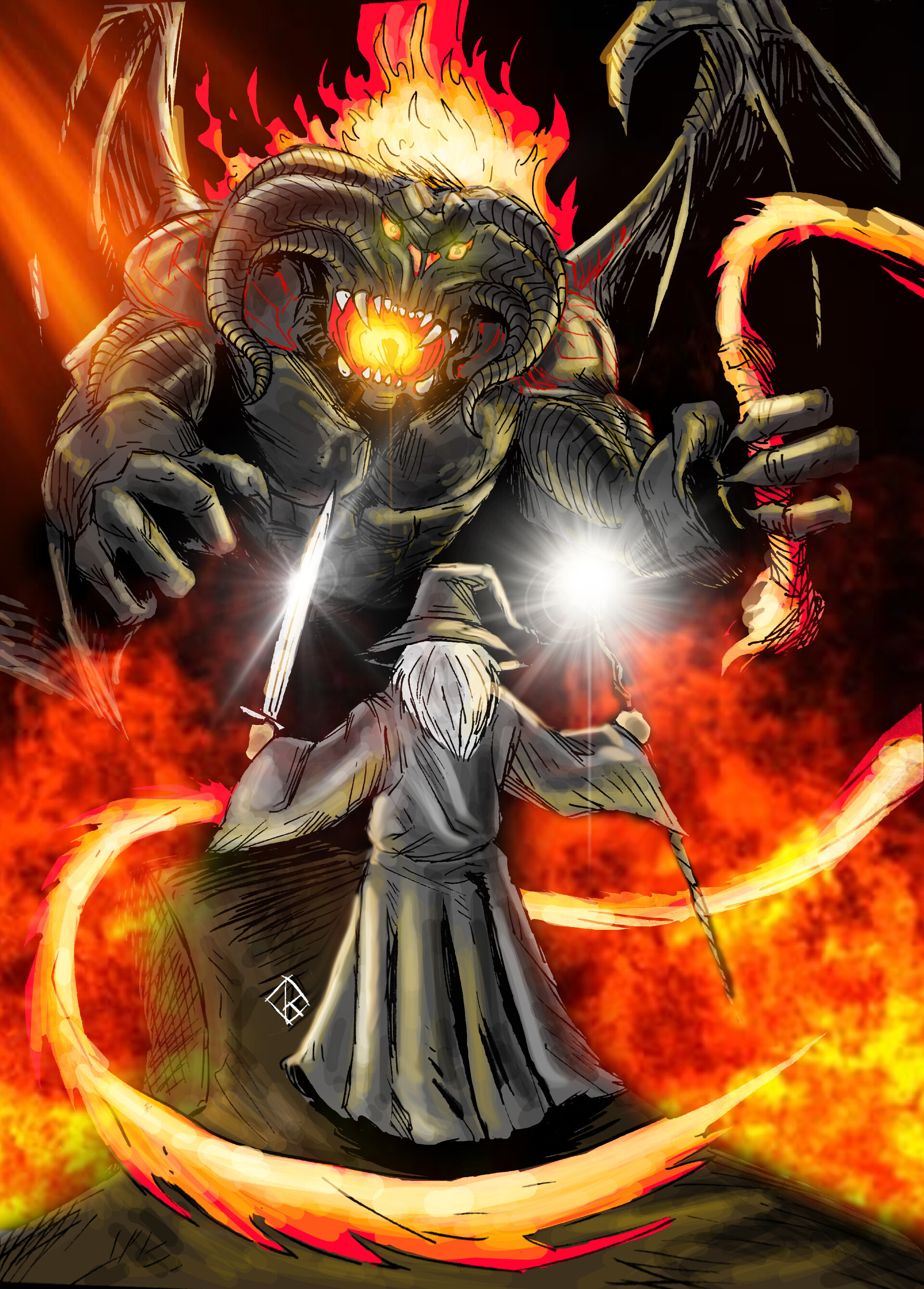 Rafael Danesin, Gandalf vs Balrog, LOTR fan art, Movies, 1920x2680 HD Phone