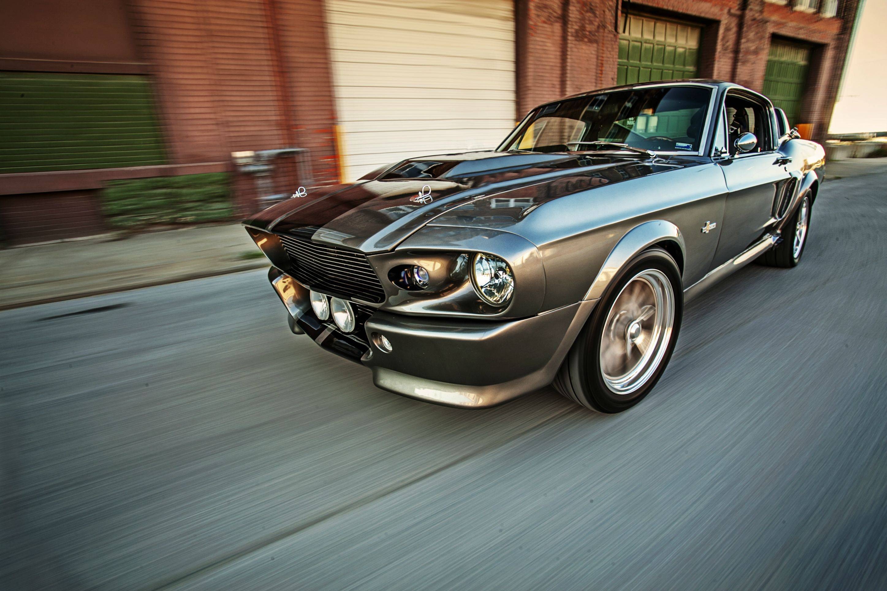 1967 Ford Mustang Eleanor, Urban rolling shot, Industrial brick warehouse, HD Desktop wallpaper