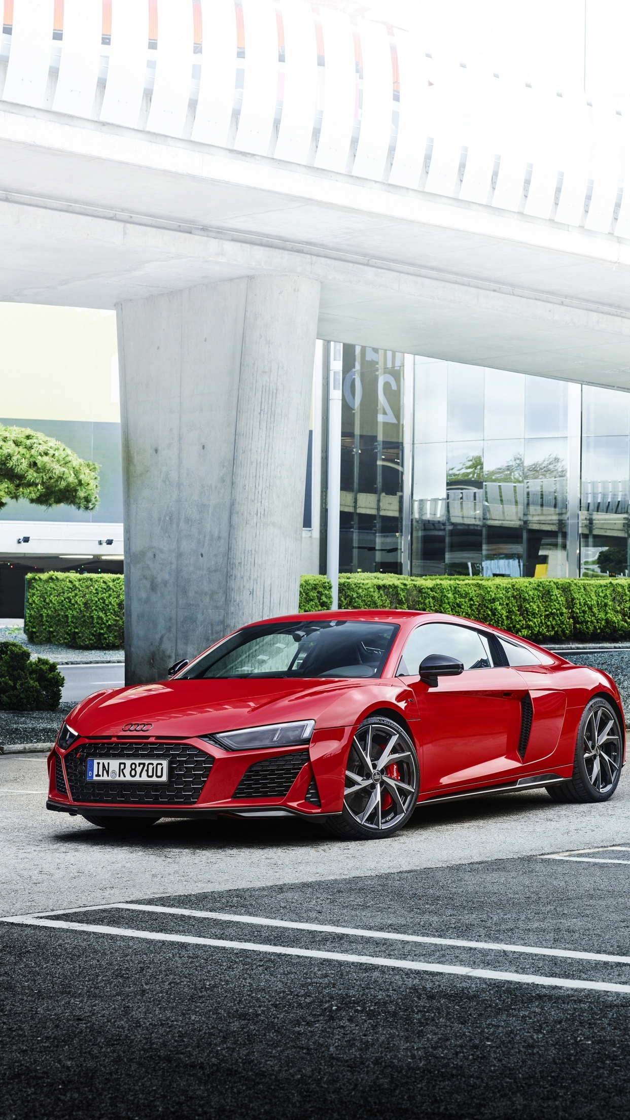 Audi R8 V10 Coupe, modern concrete architecture, asphalt parking area, HD Phone wallpaper