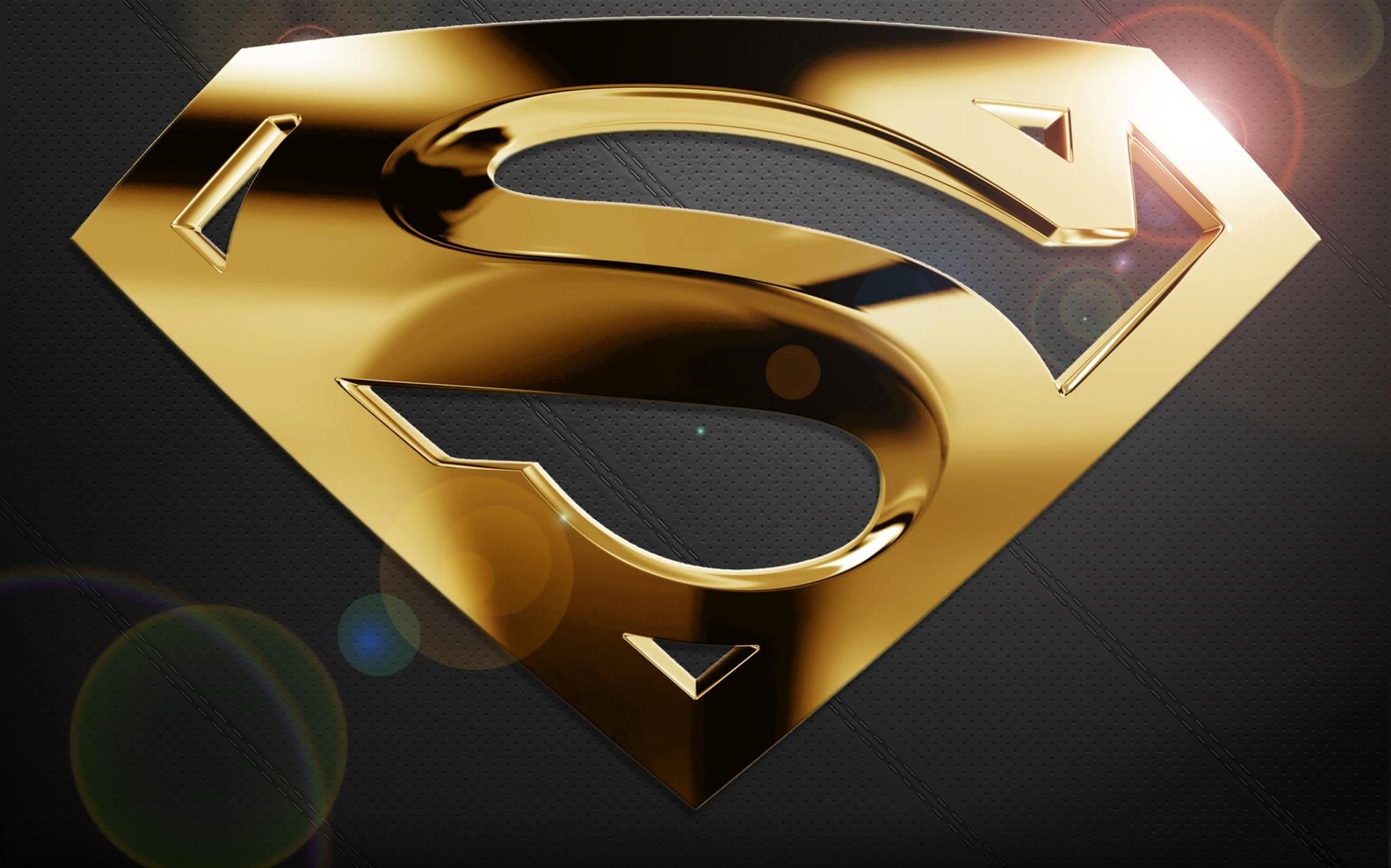 gold Superman shield logo, textured black leather, lens flare lighting, HD Desktop wallpaper