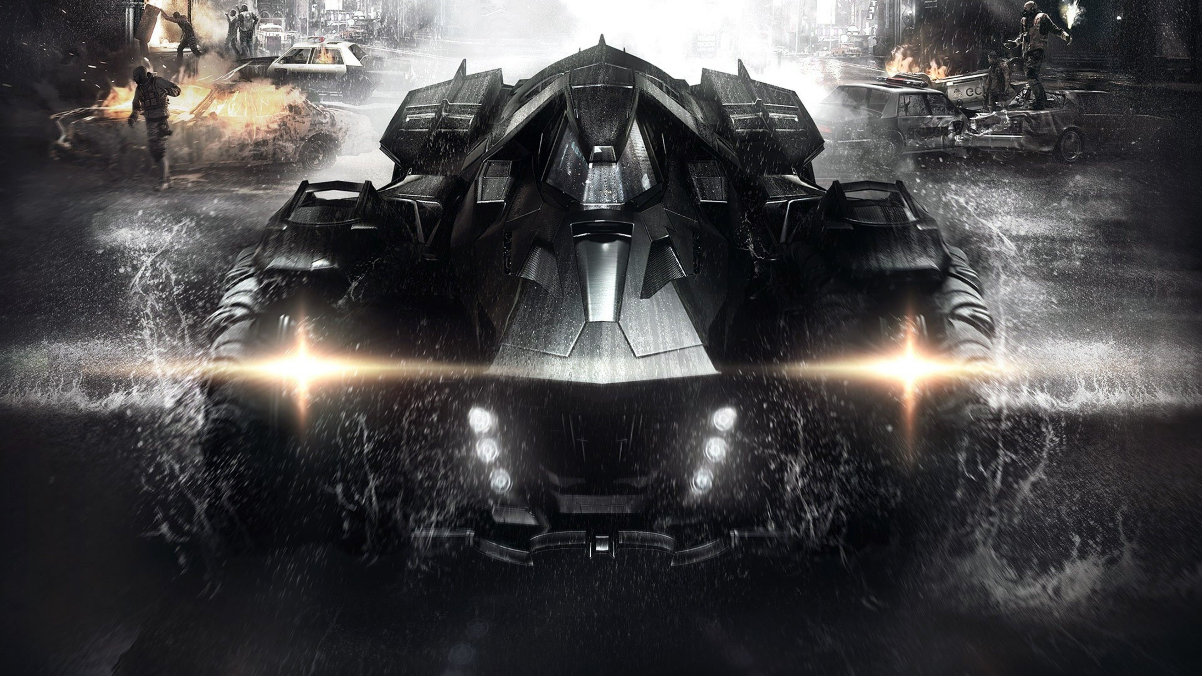 Batman: Arkham Knight Batmobile, Gotham City street riot, Burning police cruiser, 4K Desktop wallpaper