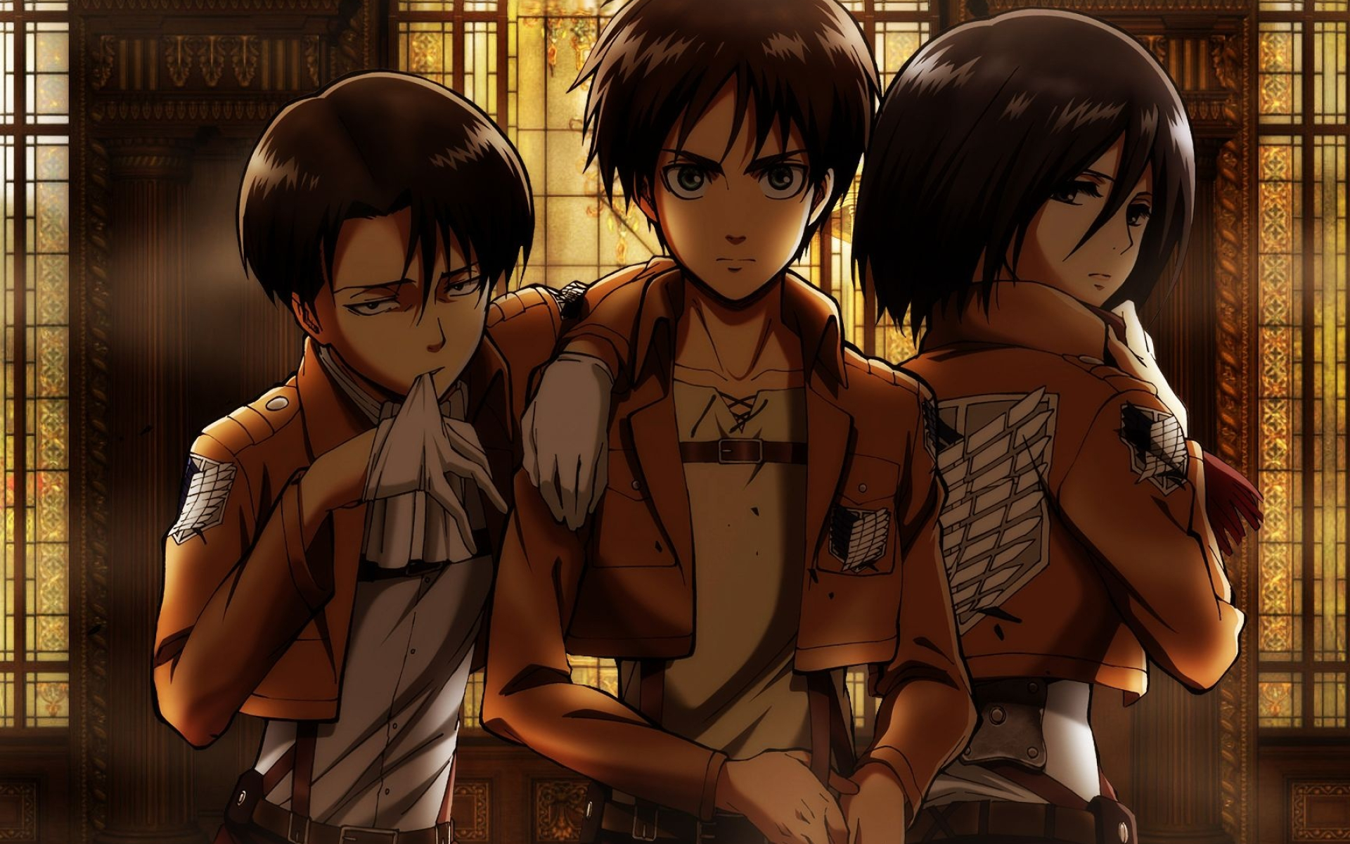 Mikasa Ackerman, Eren Yeager, Levi Ackerman, Survey Corps uniform, HD Desktop wallpaper