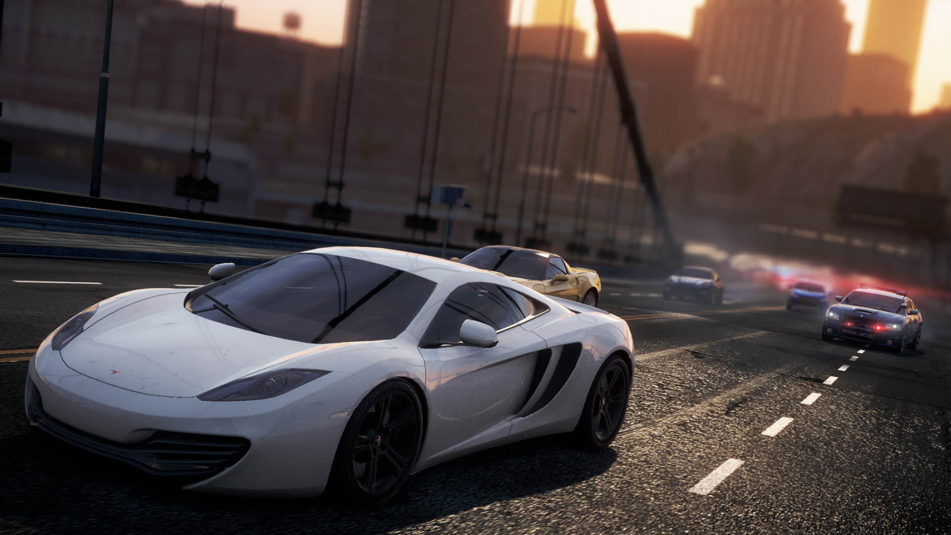 McLaren MP4-12C, Dodge Charger police cruiser, Fairhaven City bridge, Full HD Desktop wallpaper