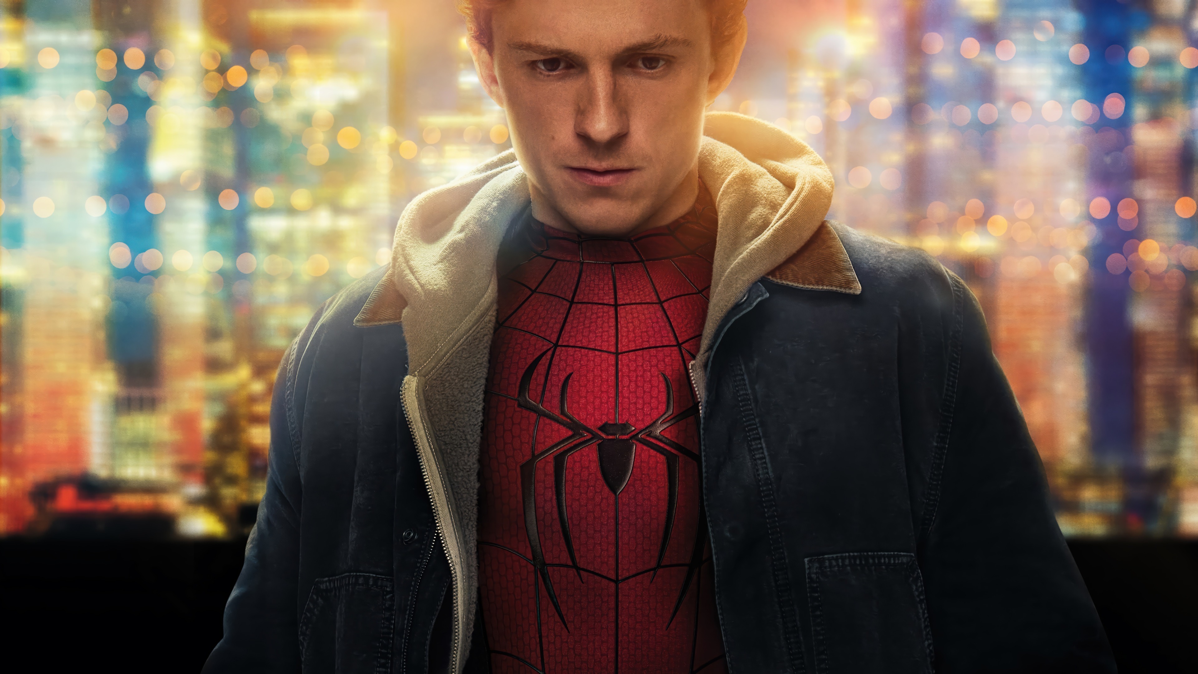 No Way Home, Webbed suit beneath jacket, Tom Holland, Direct forward gaze, Blurred city bokeh background, 4K Desktop wallpaper