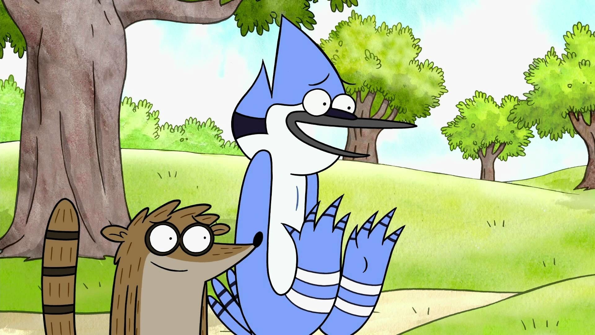 Mordecai grinning with open wings, Rigby smiling, Park trees and lawn, Regular Show, Full HD Desktop wallpaper