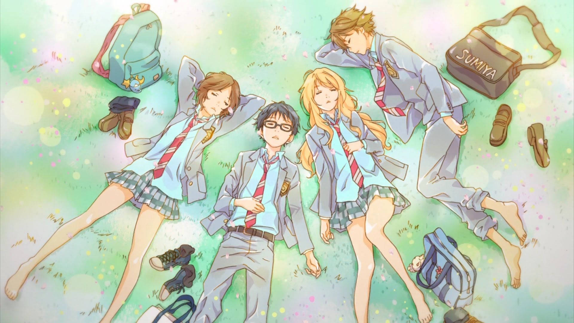 Kaori Miyazono, Kousei Arima, Tsubaki Sawabe, Ryota Watari, Your Lie in April, Full HD Desktop wallpaper