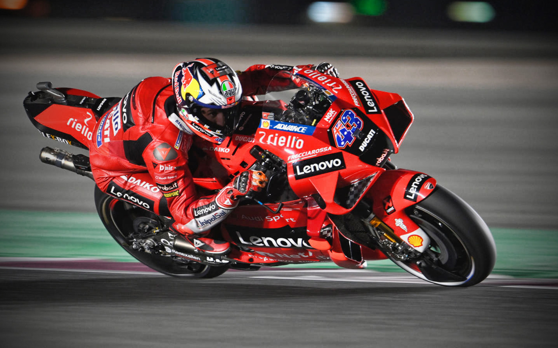 Jack Miller number 43, Ducati Lenovo Desmosedici GP, MotoGP night race floodlights, HD Desktop wallpaper