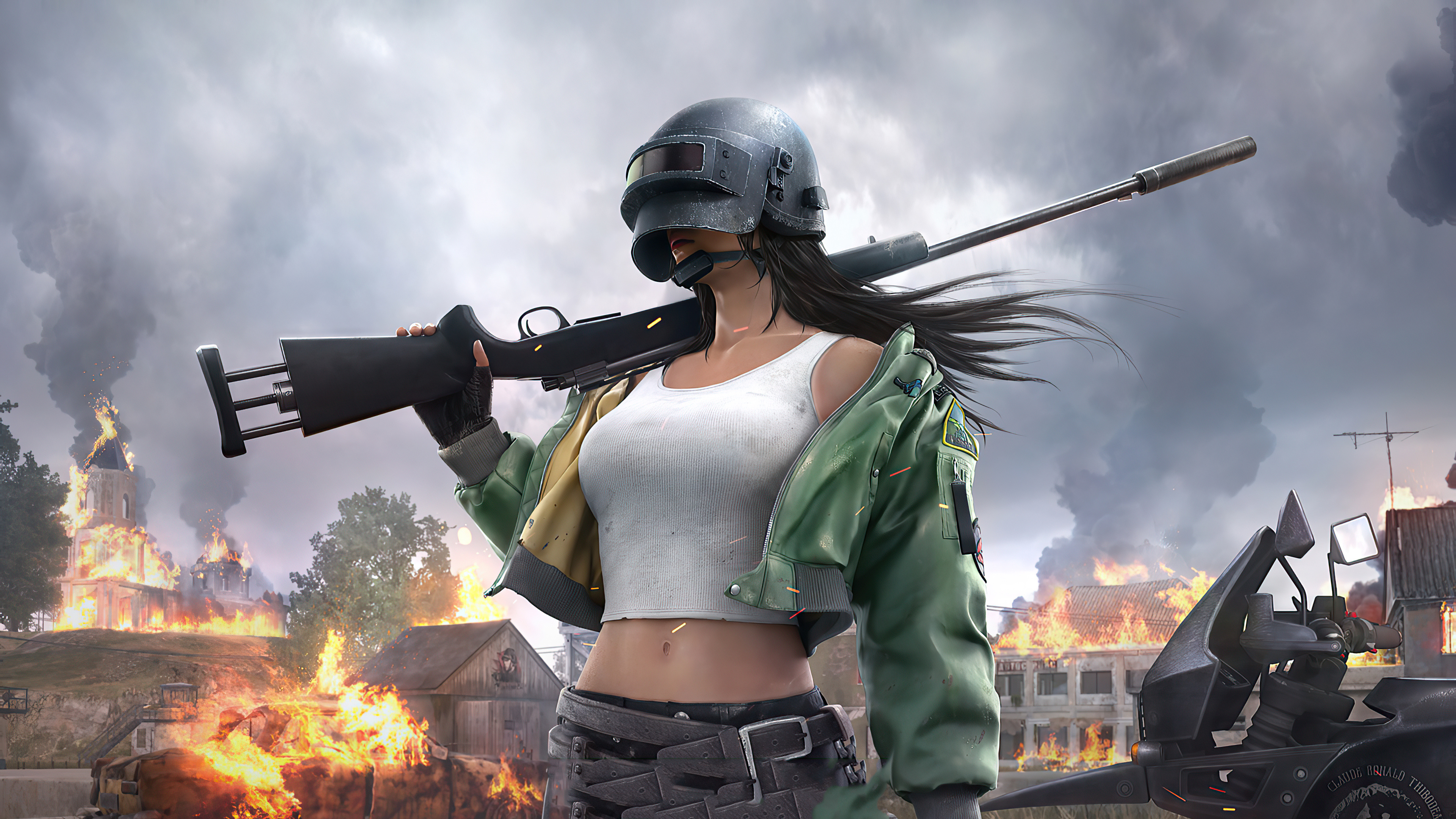 PUBG Level 3 Helmet, suppressed Kar98k rifle, burning Erangel battlefield, 4K Desktop wallpaper