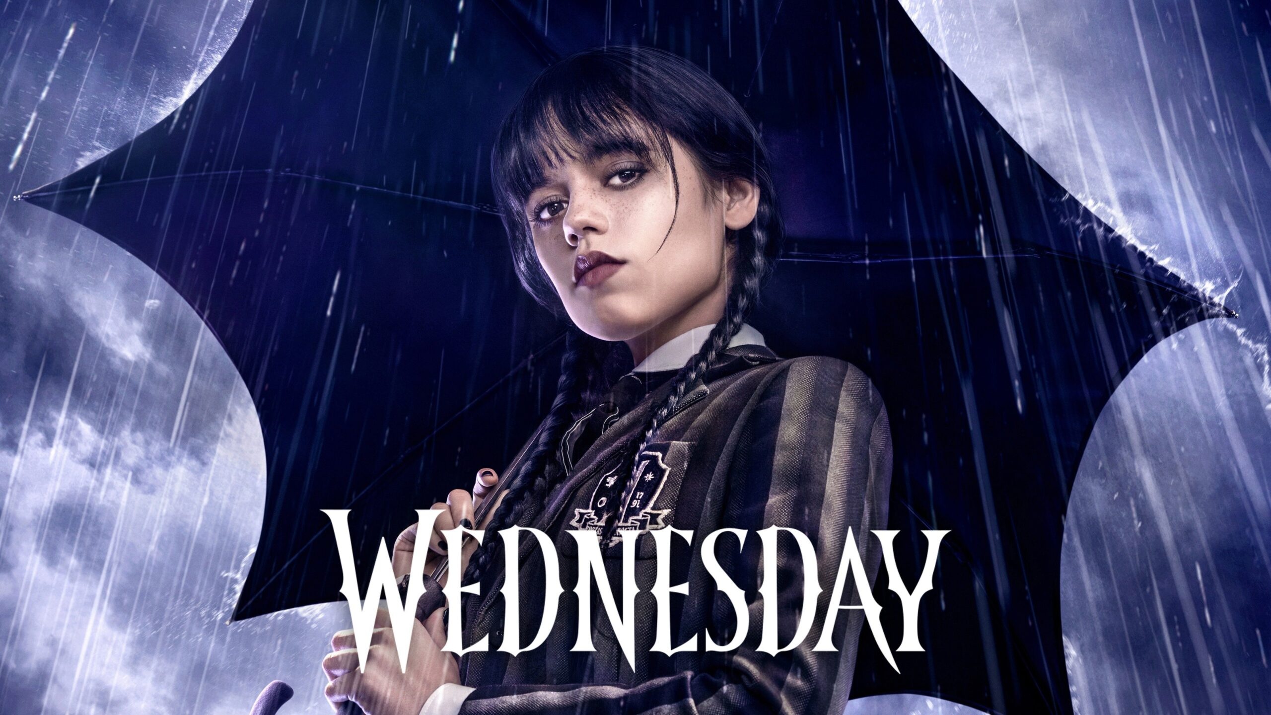 Wednesday Addams, WEDNESDAY text, Nevermore Academy uniform, HD Desktop wallpaper