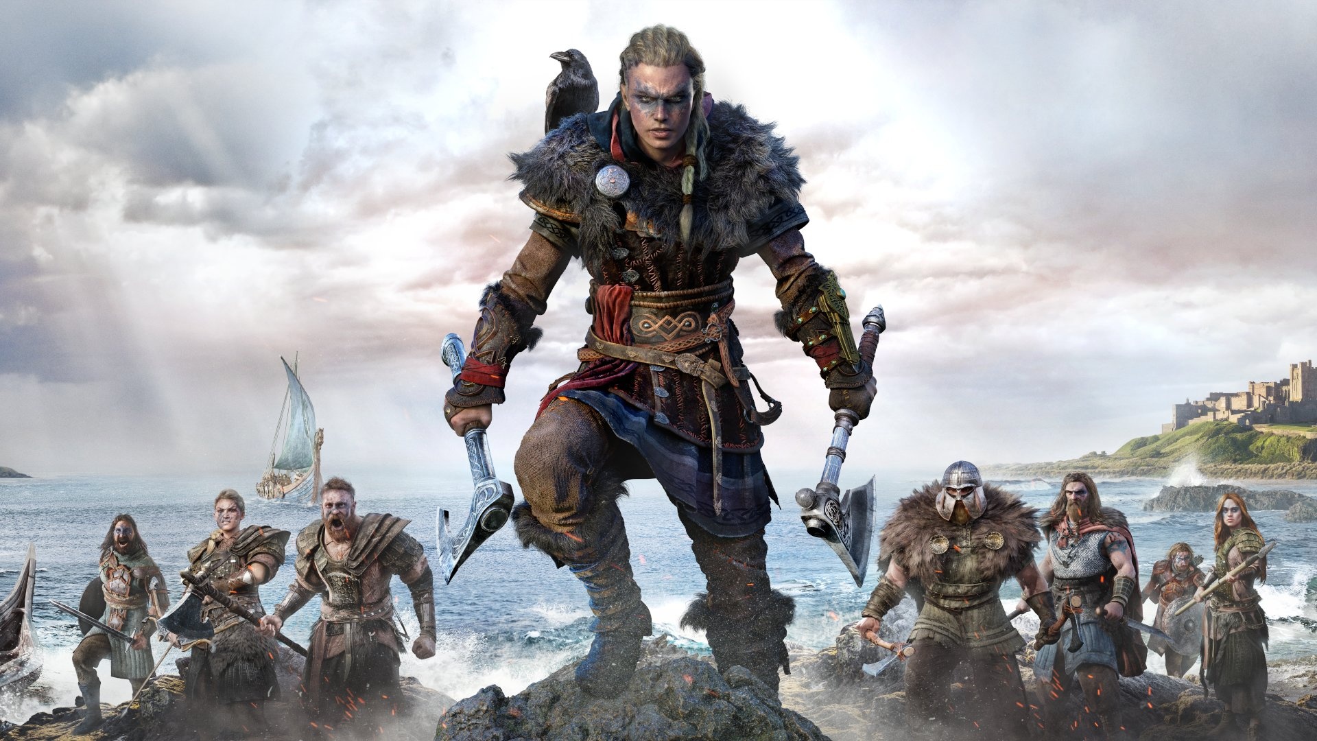 Female Eivor, Synin raven companion, Assassin's Creed Valhalla, Viking raid longship, Full HD Desktop wallpaper