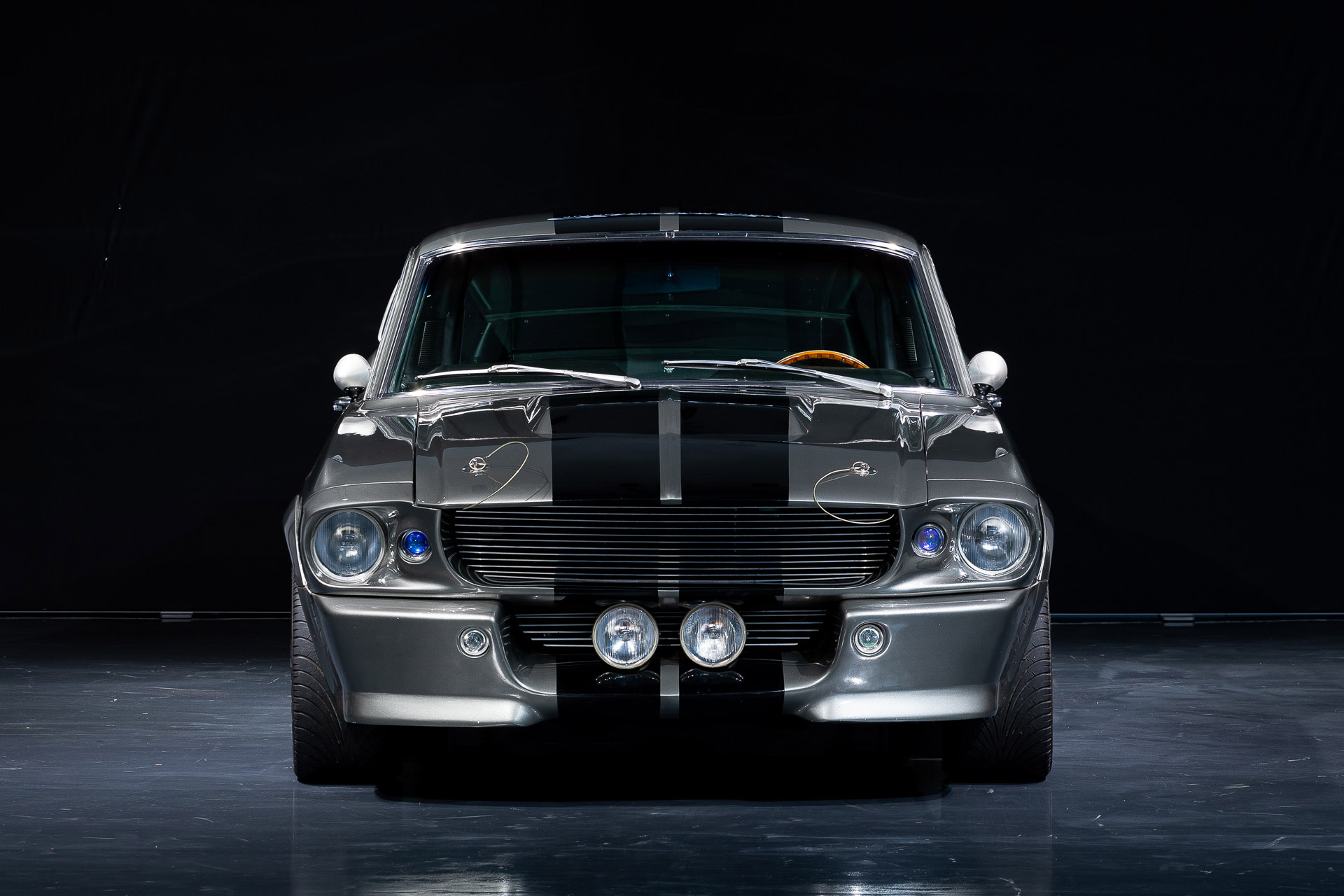 1967 Ford Mustang Eleanor, Twin black racing stripes, Dark studio floor reflection, HD Desktop wallpaper