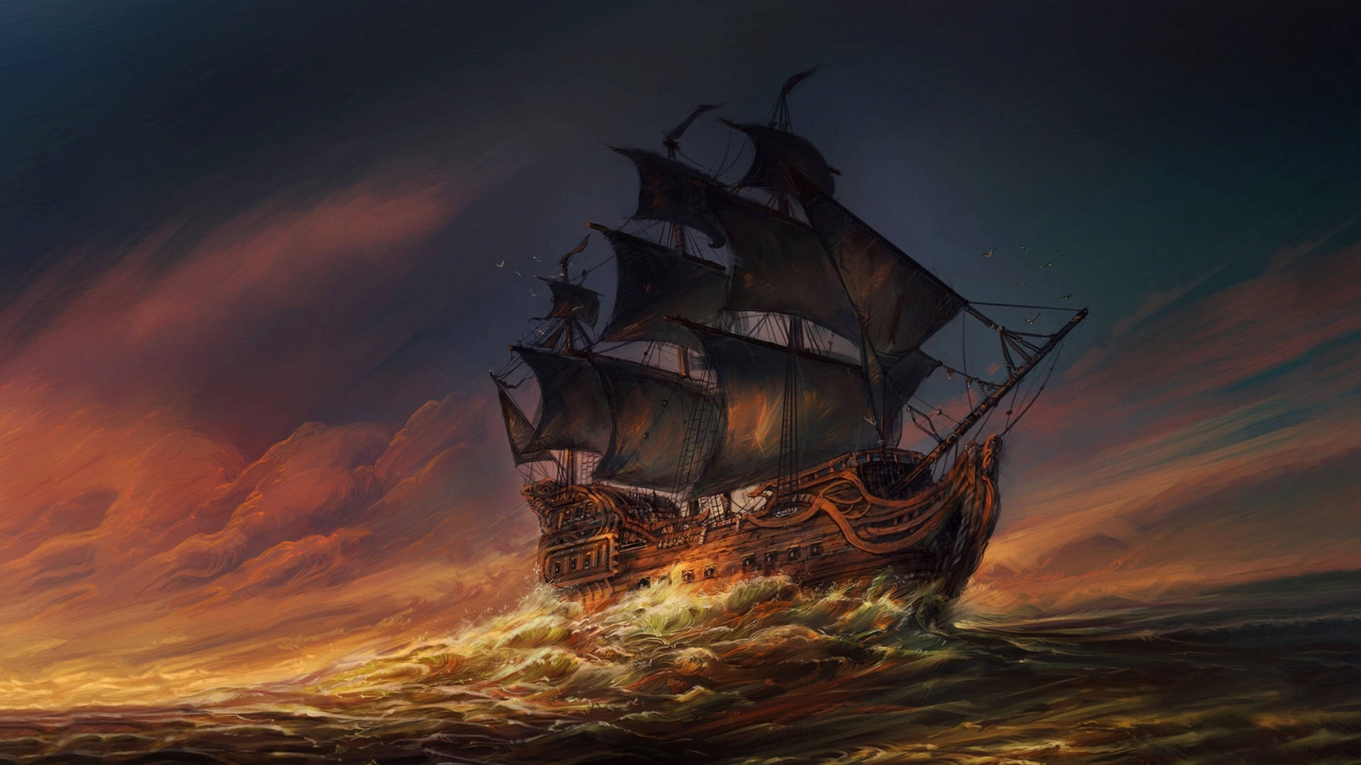 Ornate wooden pirate galleon, Turbulent golden ocean waves, Dramatic stormy sunset sky, Full HD Desktop wallpaper