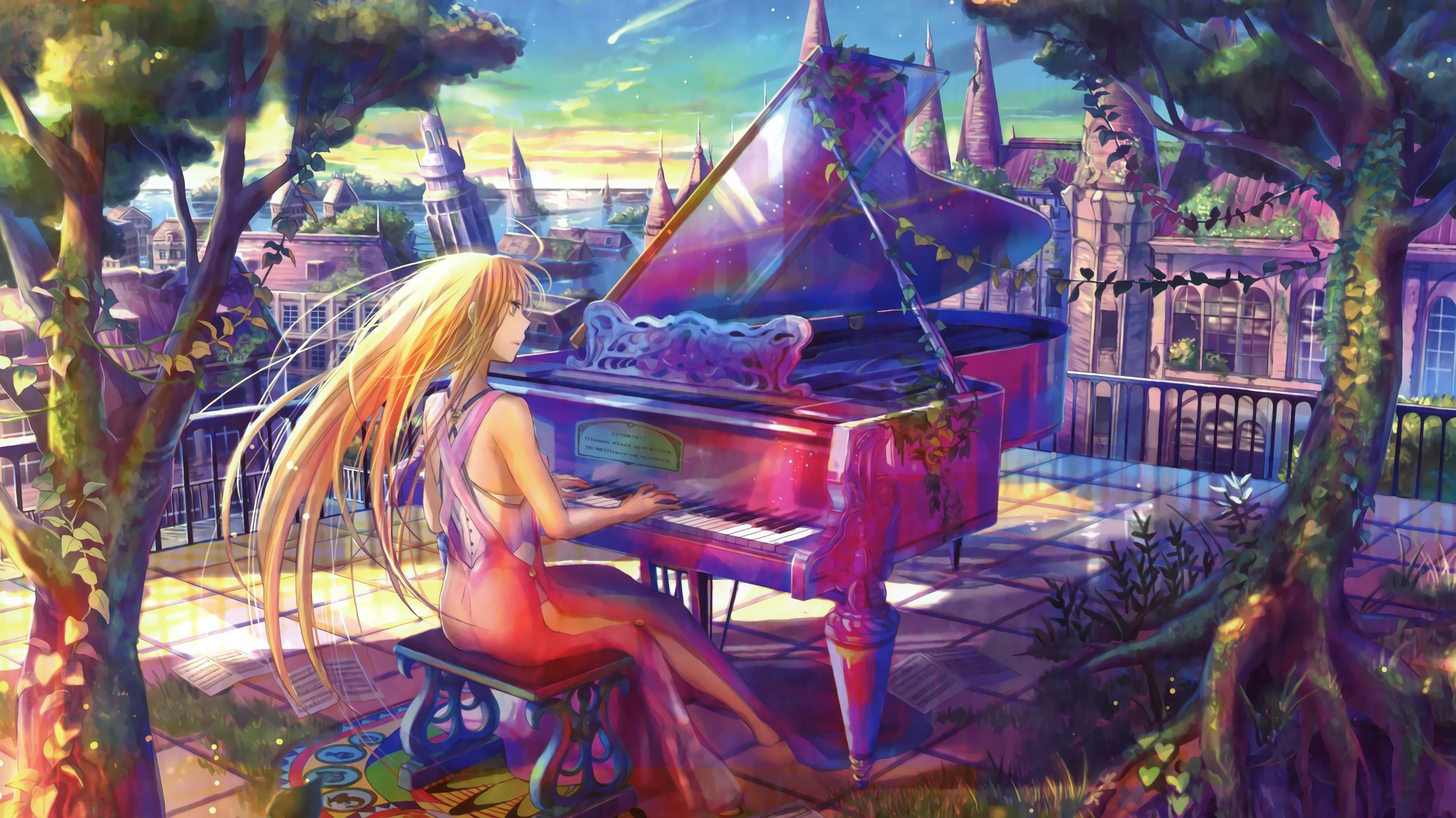 Blonde anime pianist, Magenta grand piano, Fantasy terrace overlooking city, 4K Desktop wallpaper