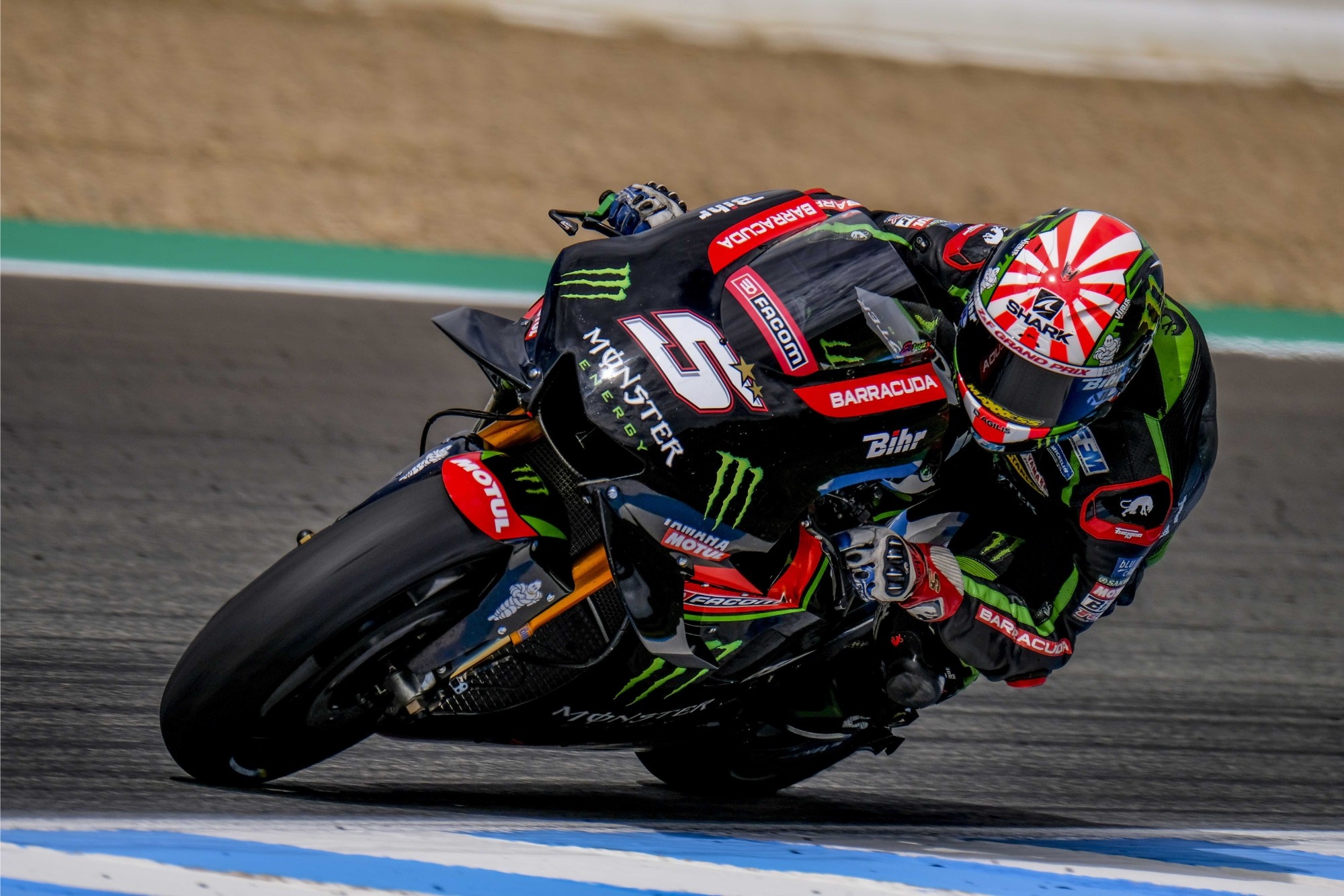 Johann Zarco number 5, Monster Yamaha Tech3 YZR-M1, MotoGP lean over blue kerb, HD Desktop wallpaper