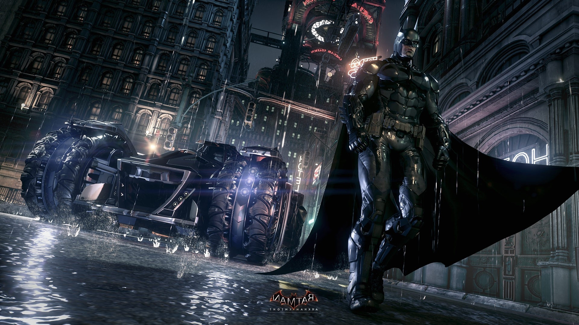 Arkham Knight Batmobile, Batman in Batsuit, Rainy Gotham City street, Full HD Desktop wallpaper