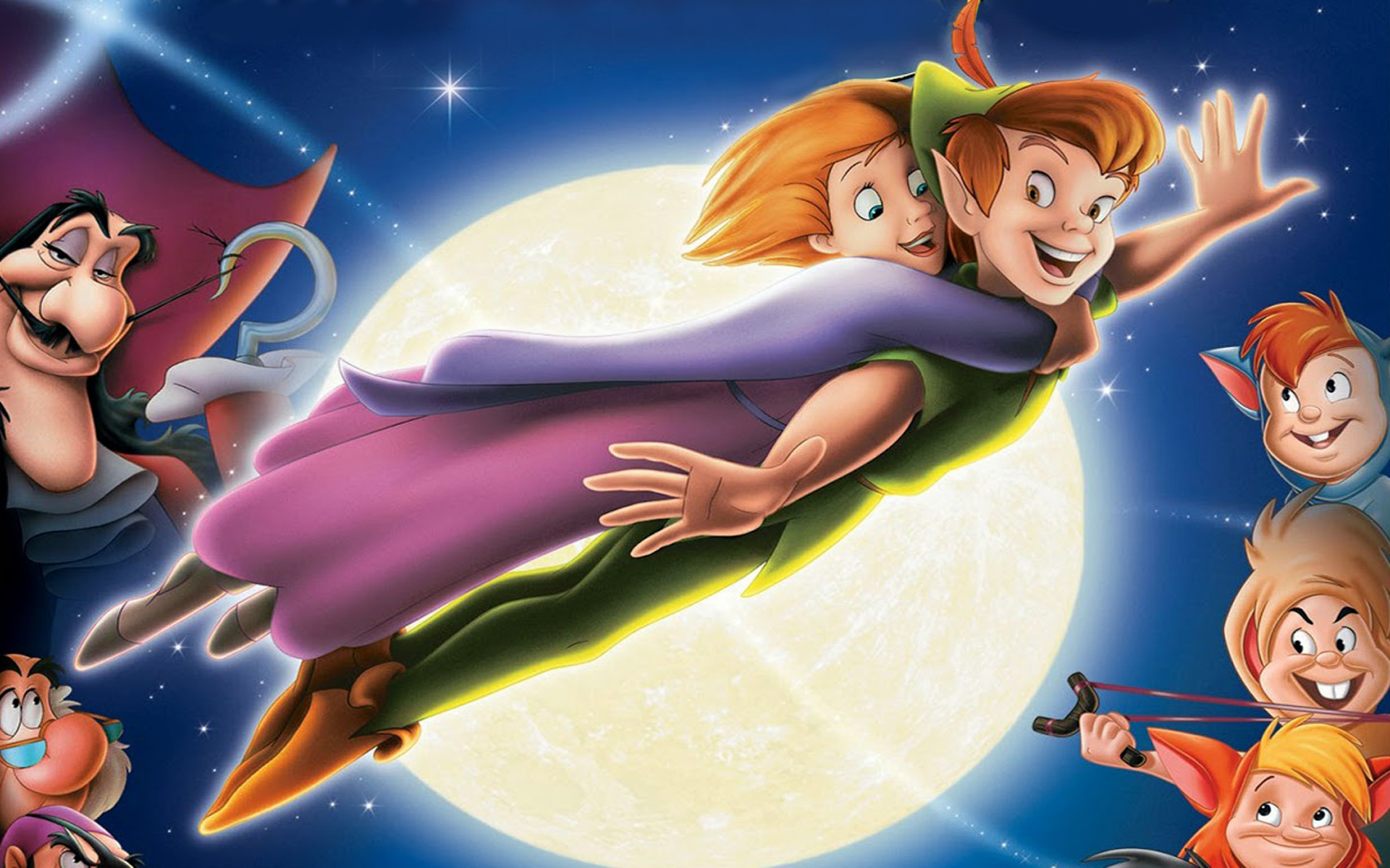 Peter Pan, Jane, Captain Hook, Lost Boys, Full moon night sky, HD Desktop wallpaper