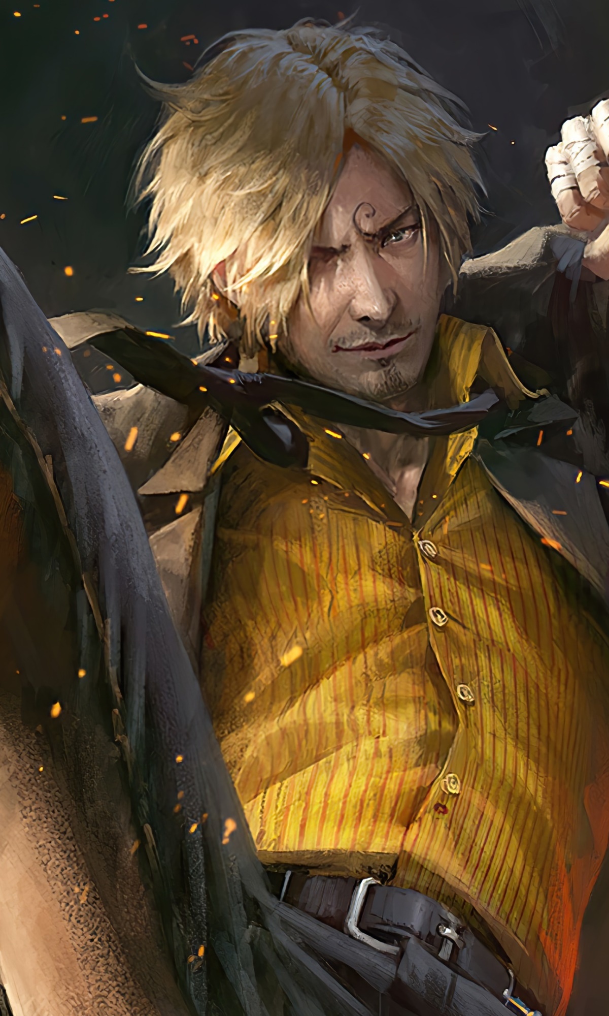 Vinsmoke Sanji, yellow striped shirt, glowing fire sparks, HD Phone wallpaper