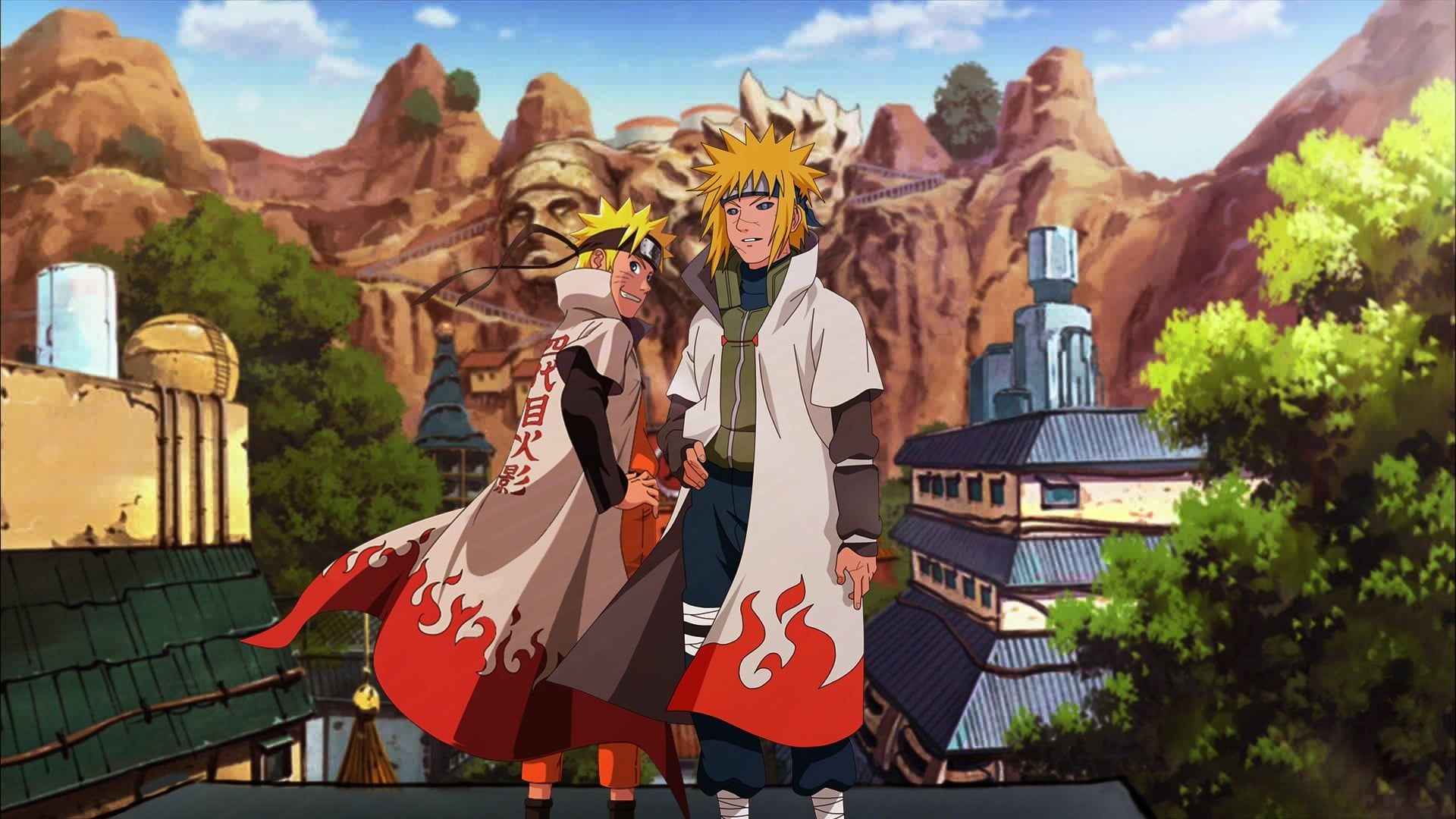 Minato Namikaze, Naruto Uzumaki, Hokage Rock, Konohagakure, Full HD Desktop wallpaper