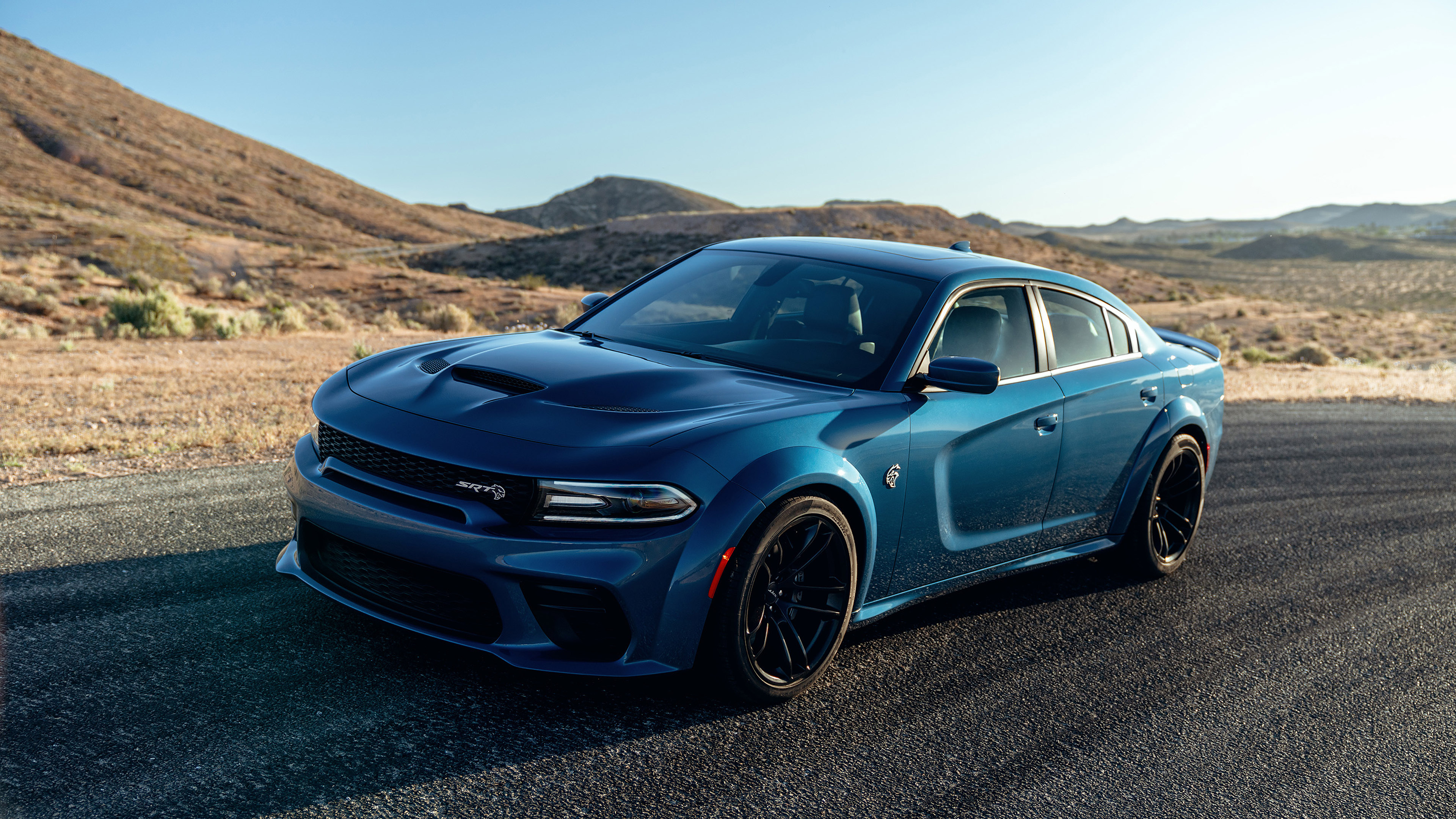 Dodge Charger SRT Hellcat Widebody, arid desert mountains, black SRT performance wheels, 4K Desktop wallpaper