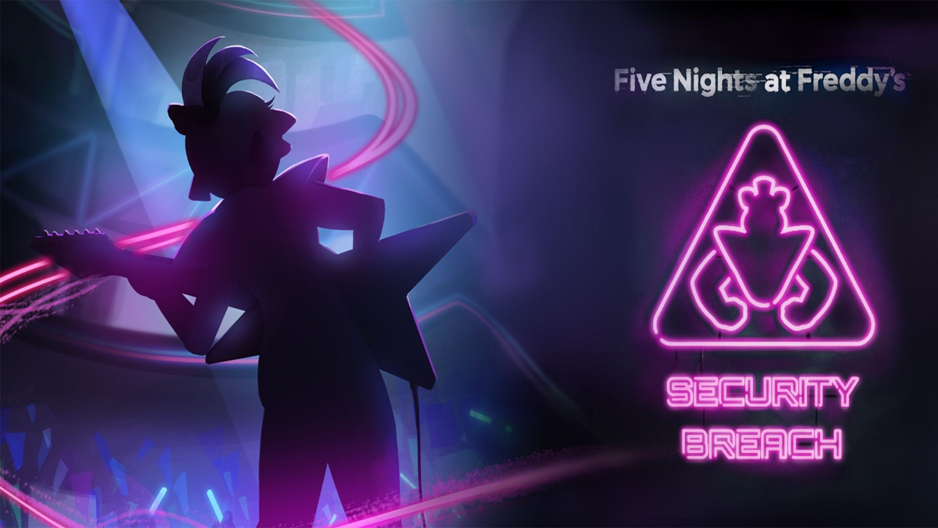Glamrock Chica silhouette, Five Nights at Freddy's: Security Breach logo, Neon Freddy Fazbear sign, Full HD Desktop wallpaper