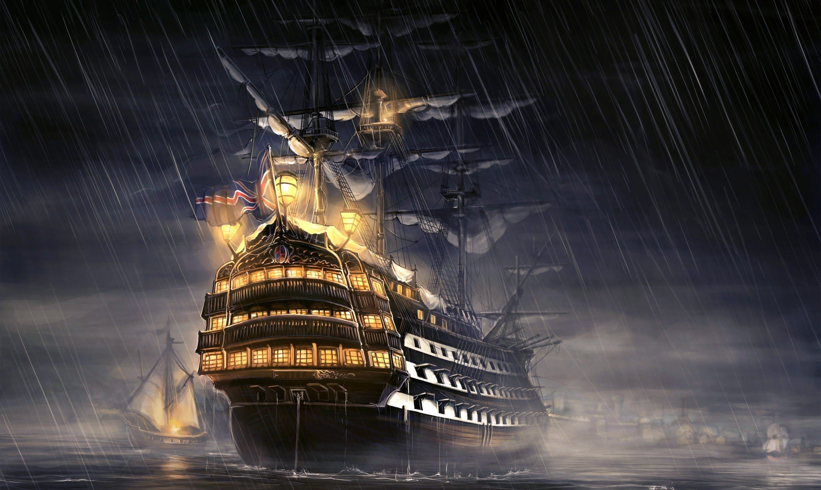 Royal Navy ship of the line, Illuminated stern gallery lanterns, Stormy sea rain, HD Desktop wallpaper