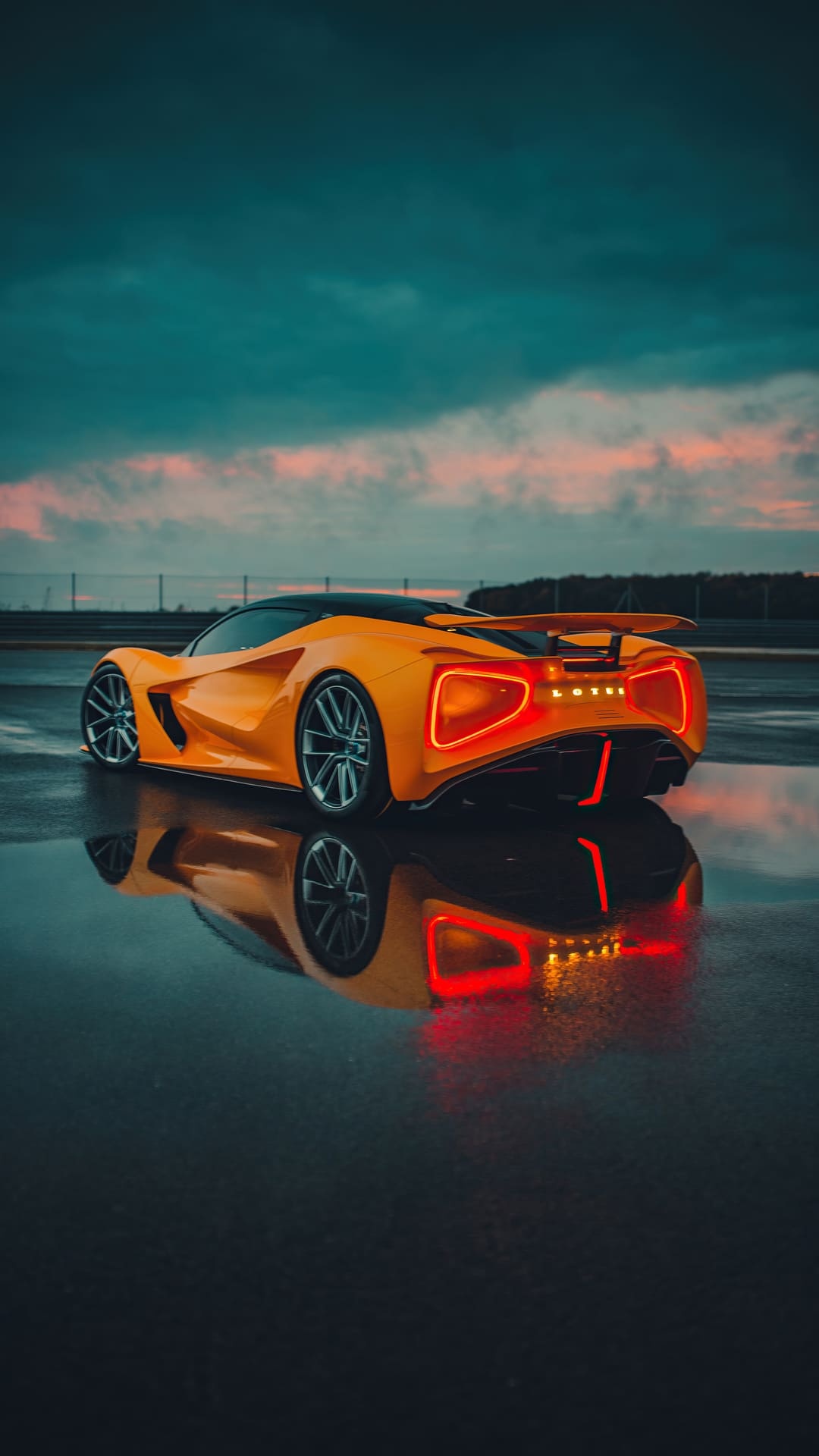 Lotus Evija, wet asphalt reflection, twilight racetrack, Full HD Phone wallpaper