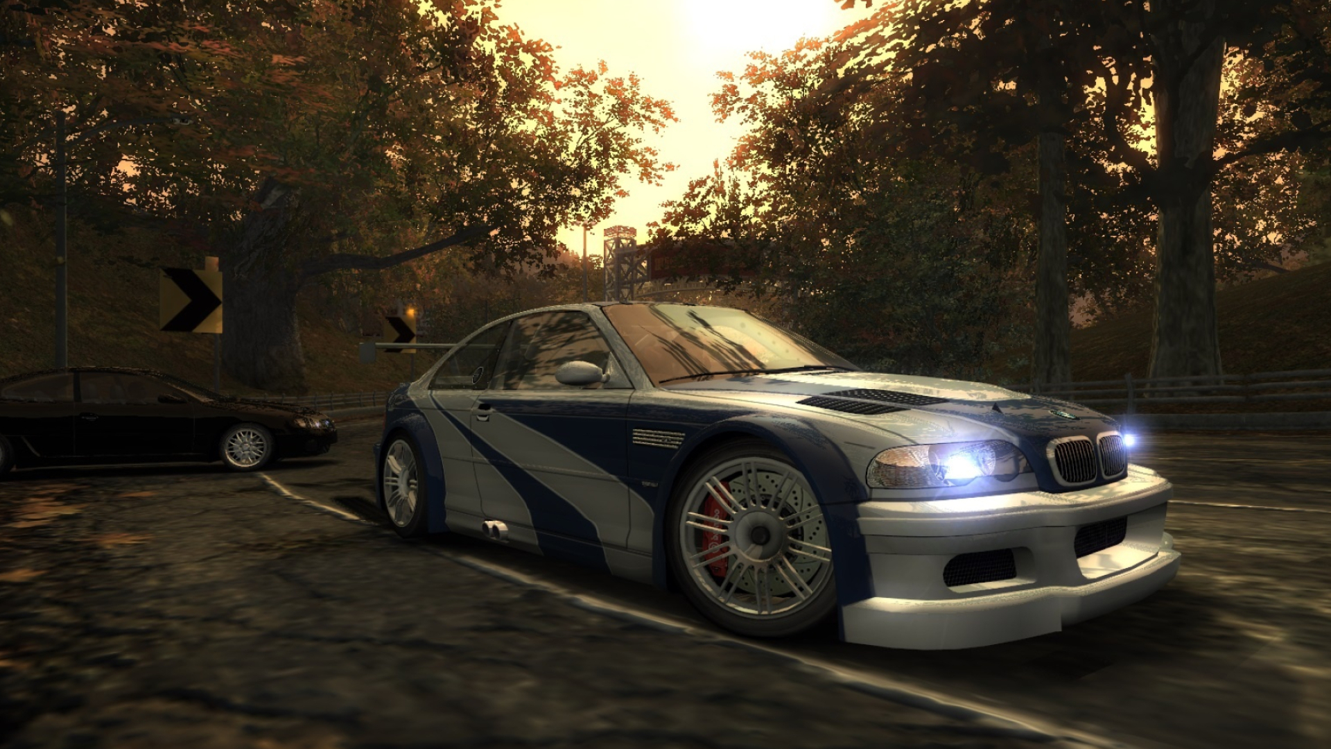 BMW M3 GTR E46, Need for Speed: Most Wanted, autumn forest highway, Full HD Desktop wallpaper