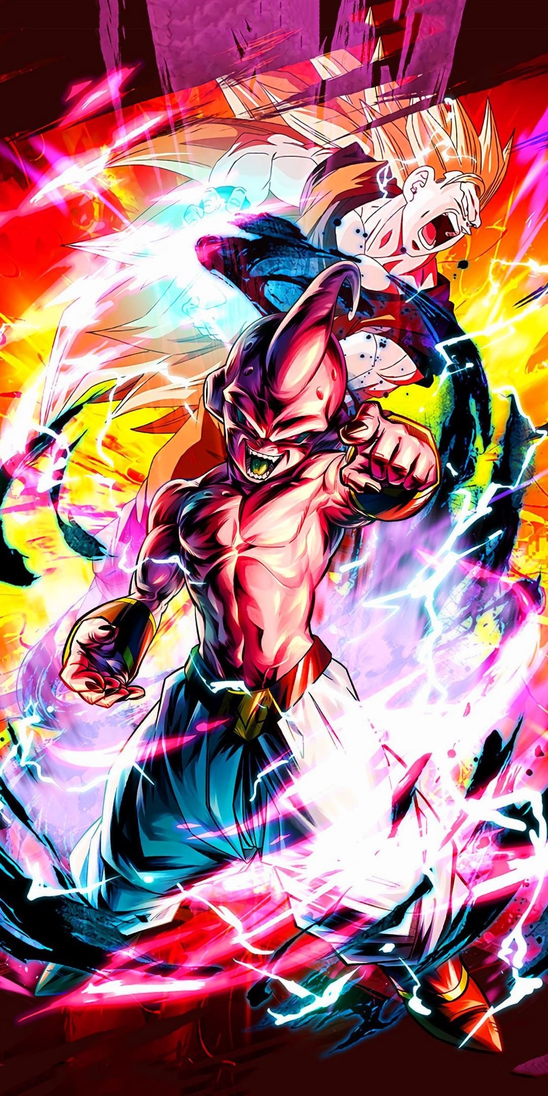 Kid Buu, Super Saiyan 3 Goku, pink ki lightning aura, HD Phone wallpaper