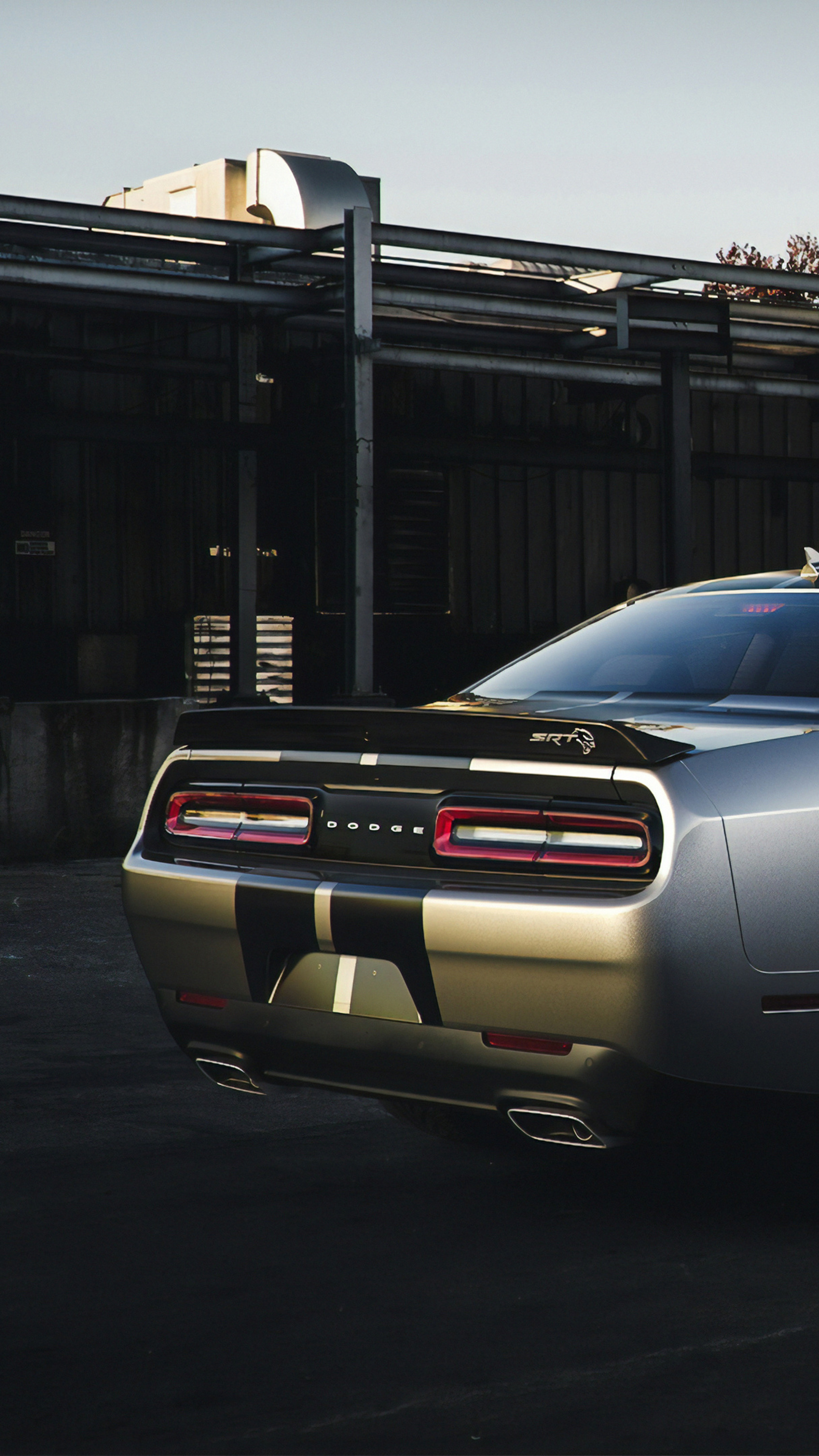 Dodge Challenger SRT Hellcat, SRT Hellcat spoiler badge, industrial warehouse exterior, 4K Phone wallpaper