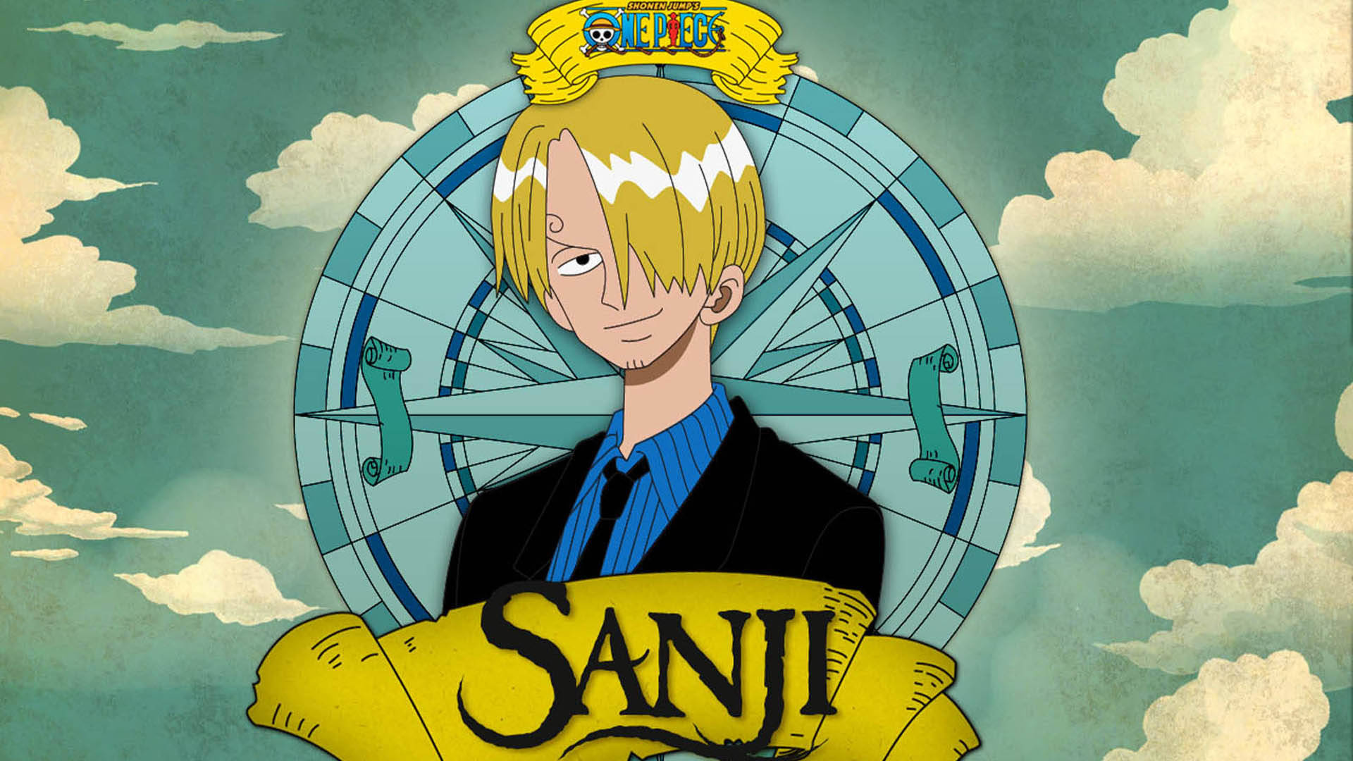 Sanji, "SANJI" banner, nautical compass rose, Full HD Desktop wallpaper