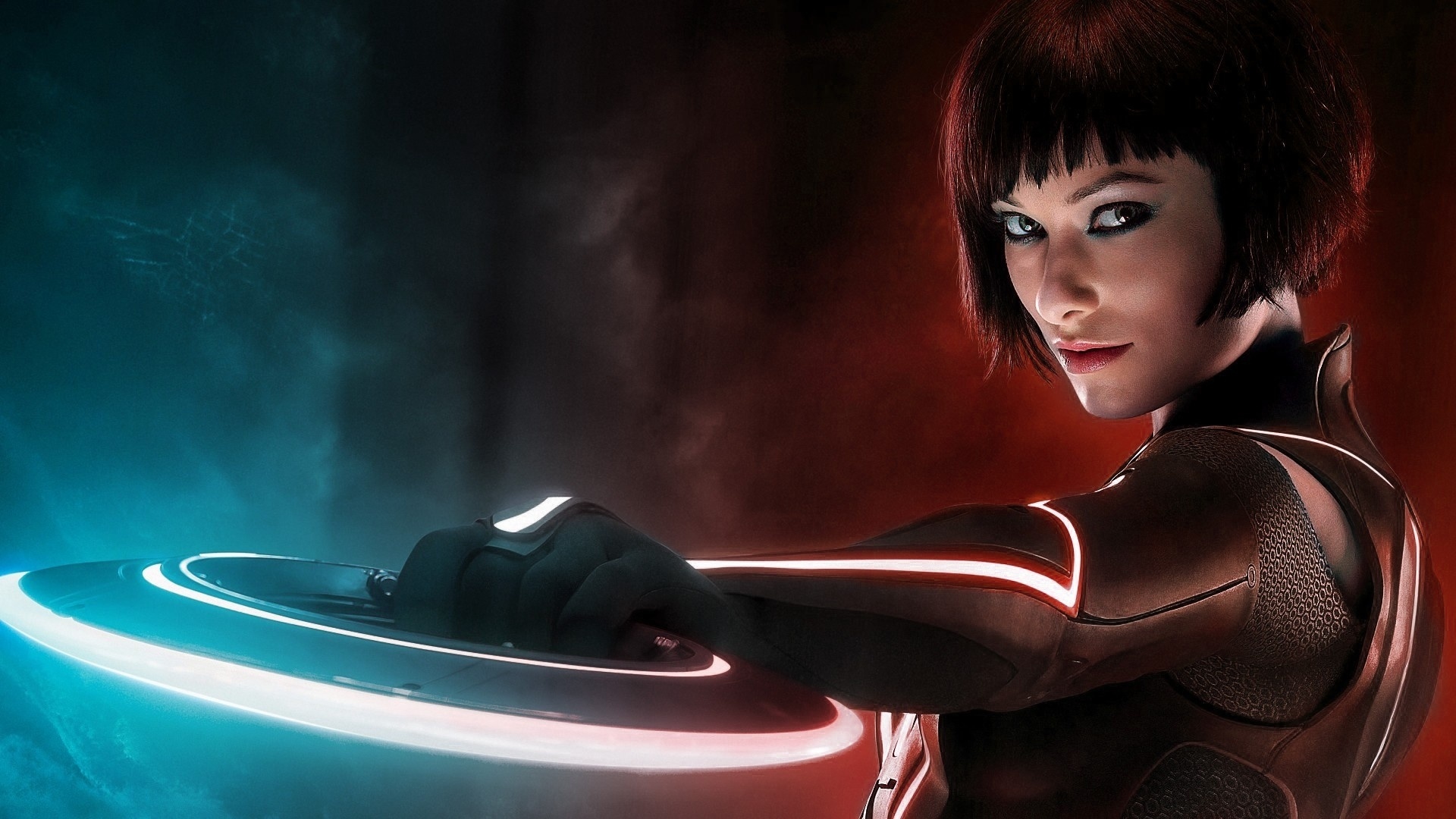 Olivia Wilde as Quorra, Tron: Legacy identity disc, Illuminated Tron light suit, Full HD Desktop wallpaper