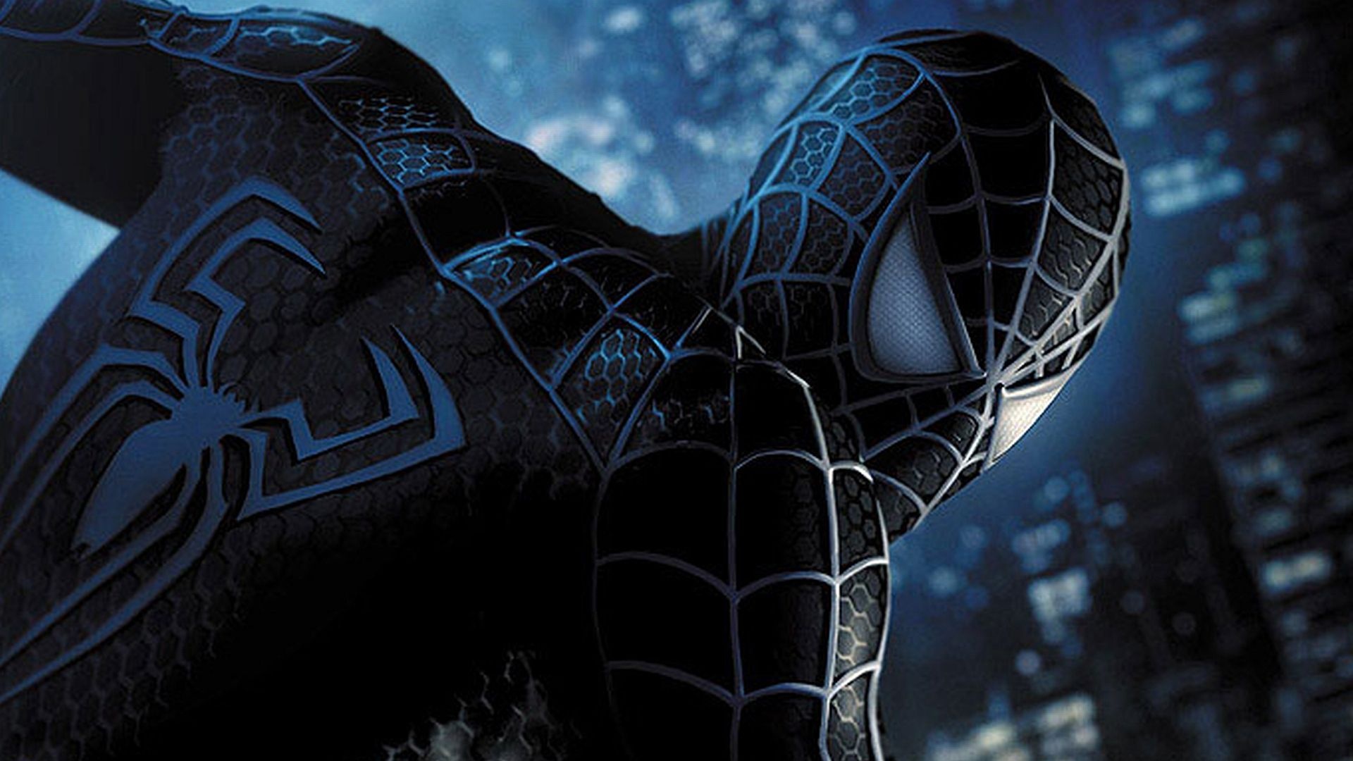 Black Suit Spider-Man, Symbiote spider emblem, Night cityscape backdrop, Full HD Desktop wallpaper
