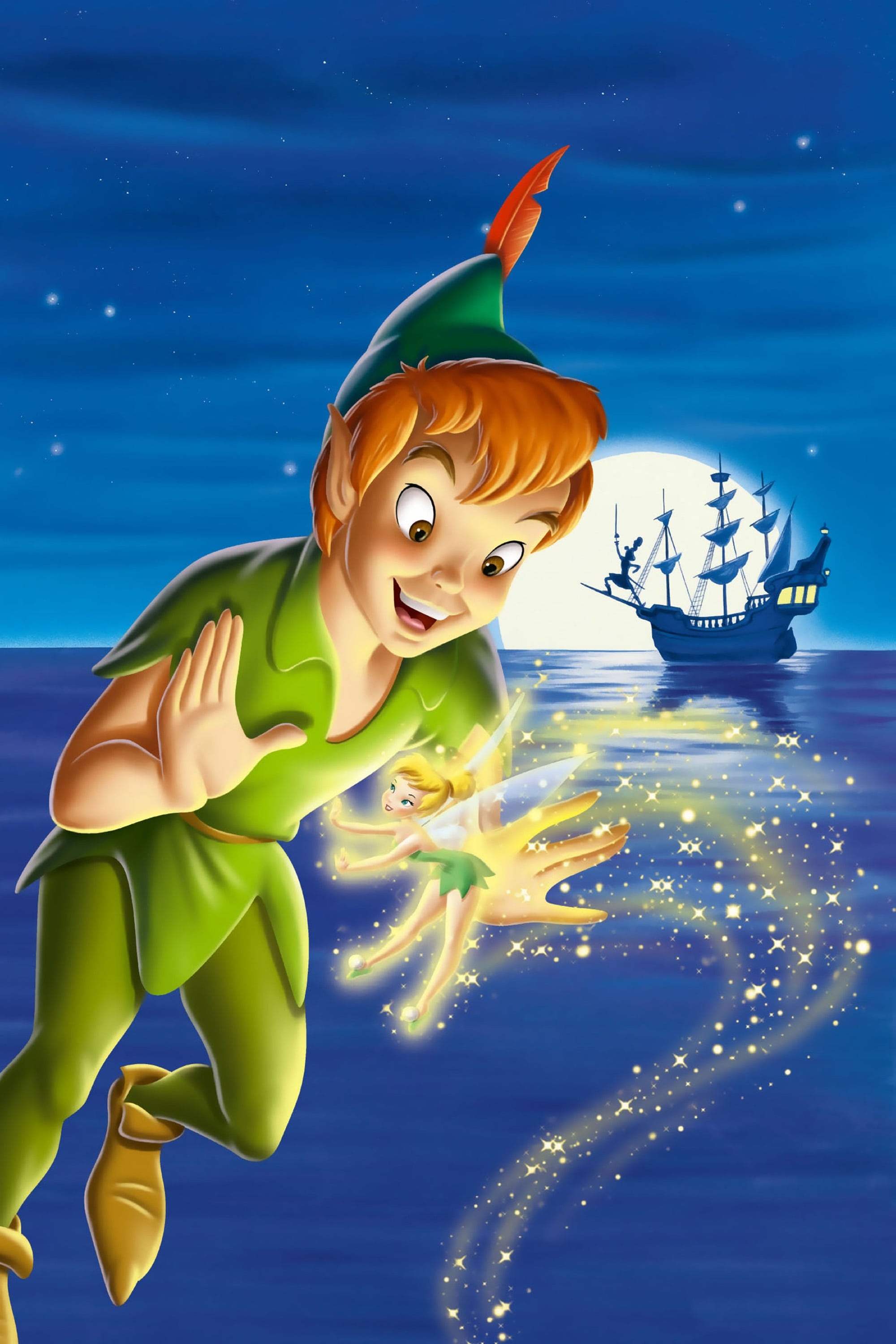Peter Pan, Tinker Bell, Jolly Roger pirate ship, Glowing pixie dust trail, HD Phone wallpaper