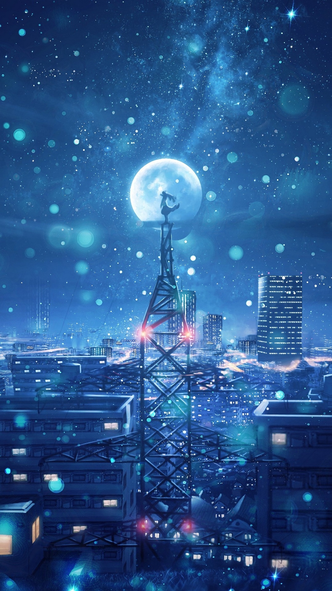 twintail anime girl silhouette, electrical transmission tower, illuminated night cityscape, Full HD Phone wallpaper