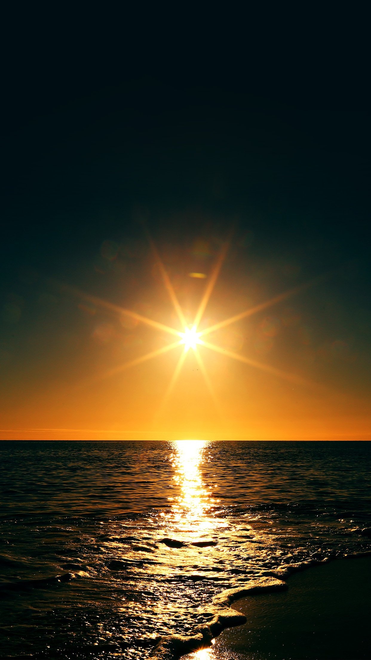 Sunburst over ocean horizon, Golden sunset sea reflection, Foamy ocean shoreline wave, HD Phone wallpaper