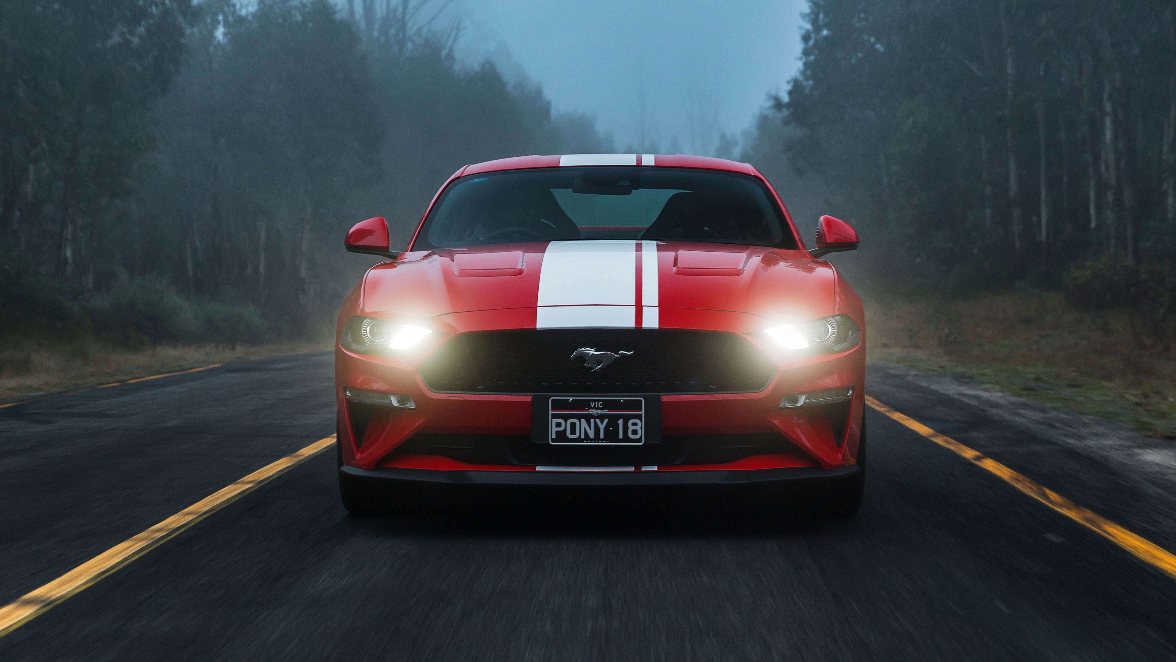 Red Ford Mustang GT, Foggy forest road, Glowing LED headlights, 4K Desktop wallpaper