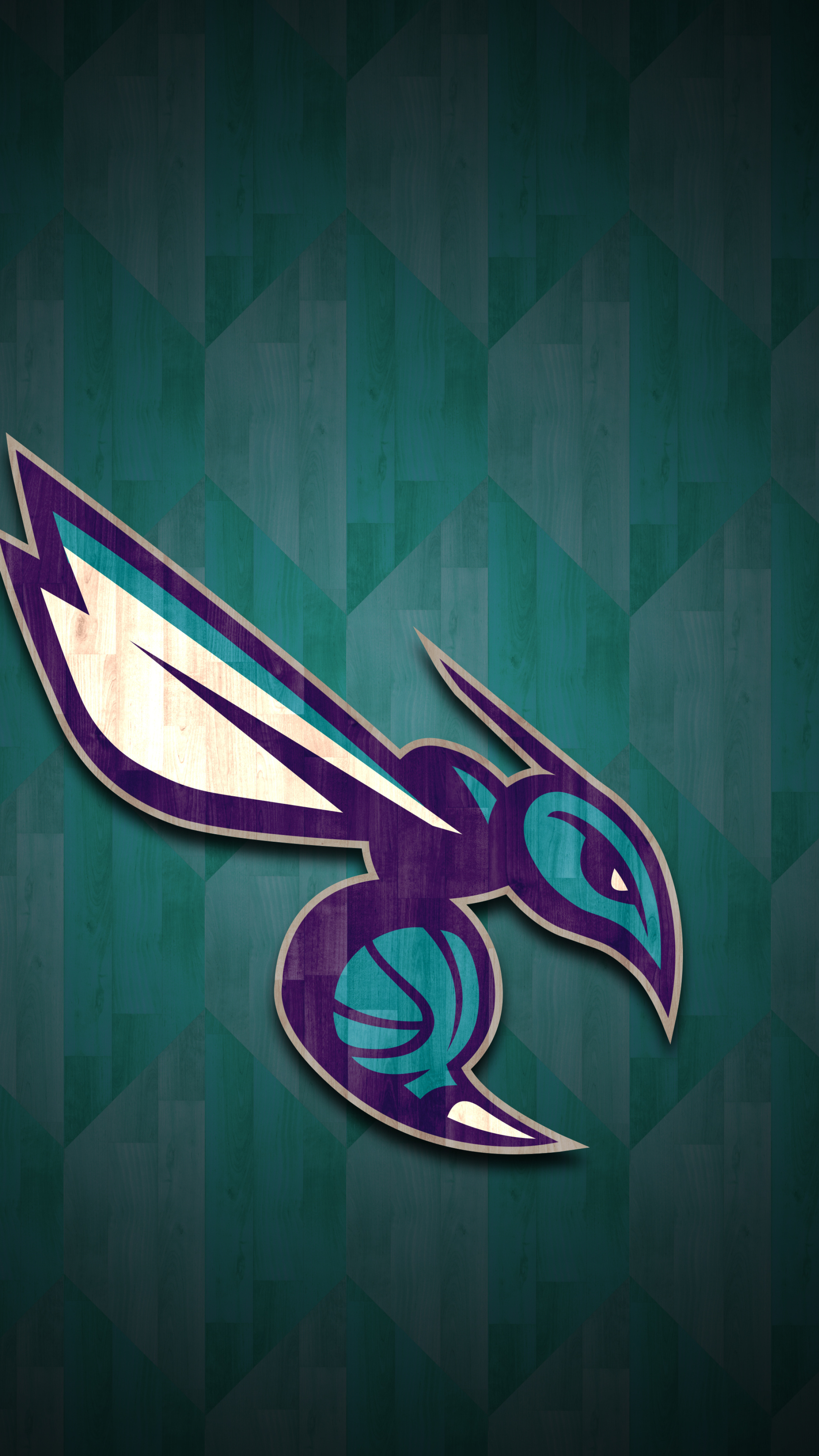 Charlotte Hornets mascot logo, Teal purple hornet emblem, NBA hardwood court backdrop, 4K Phone wallpaper