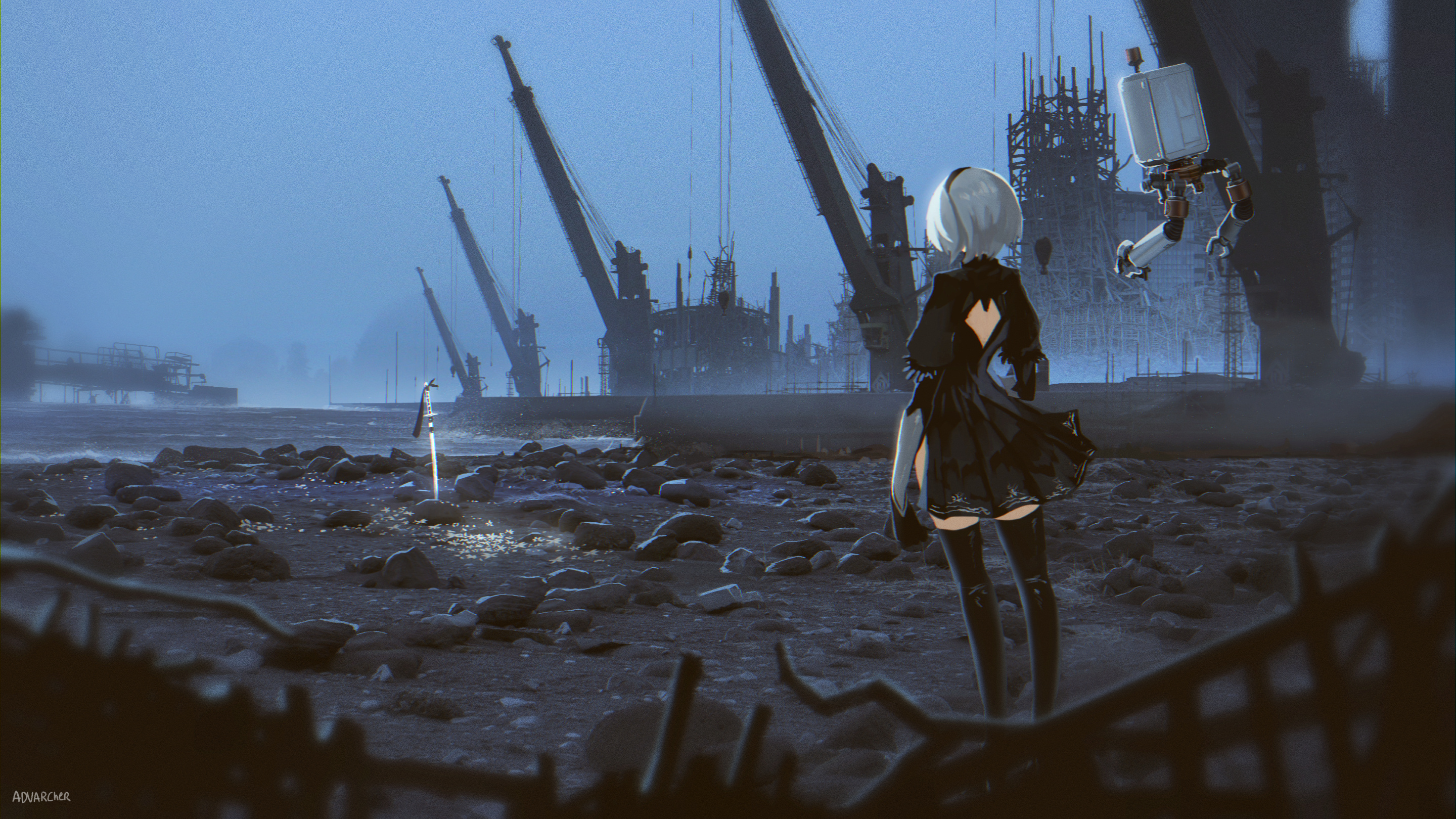 2B NieR:Automata, Pod 042 tactical unit, Flooded ruined shipyard, HD Desktop wallpaper