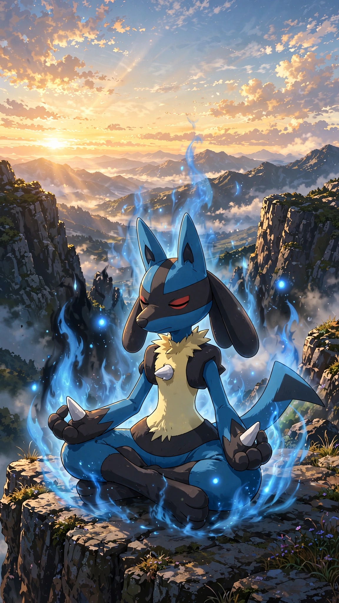 Lucario, Meditating cross-legged, Aura flames, Mountain cliff dawn, Sinnoh, HD Phone wallpaper